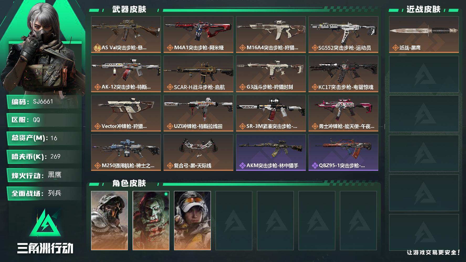 三角洲行动账号QQ【SJ6661】总资产(M)：16M/哈夫币(K)：269K/哈夫币(K)：269K/传说枪皮数：1