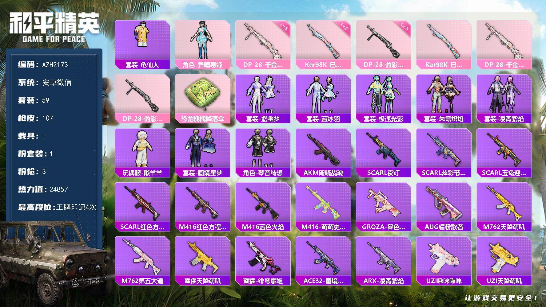 和平精英账号安卓微信【AZH2173】安卓 微信【1粉角色-异瞳寒姬懒羊羊 五级千金淑猫DP-28】1粉装-3特效枪-0