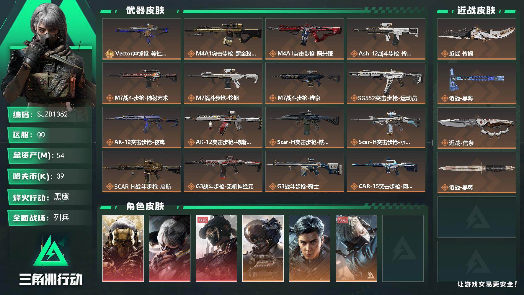 三角洲行动账号QQ【SJZD1362】总资产(M)：54M/哈夫币(K)：39K/哈夫币(K)：39K/传说枪皮数：3