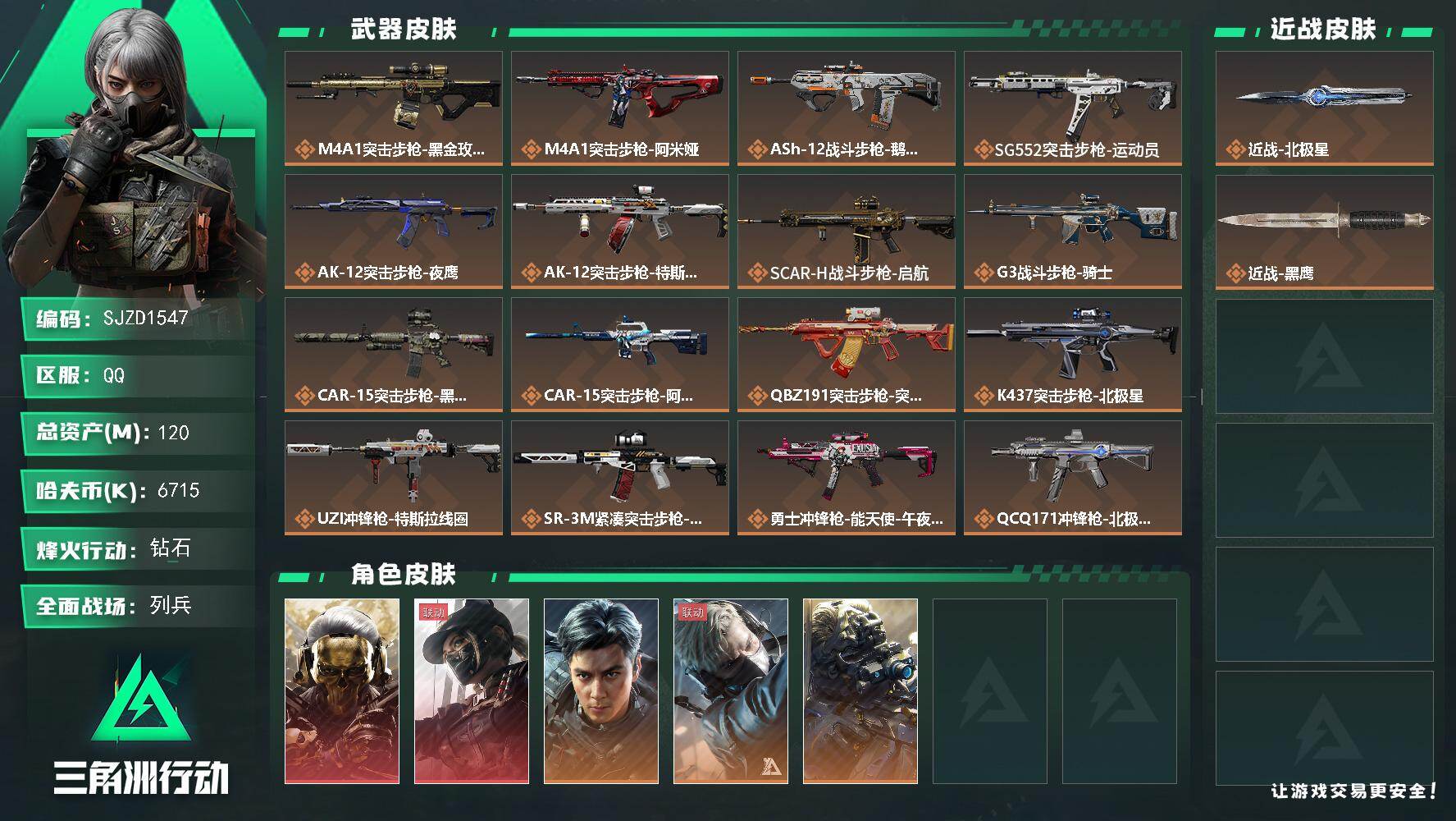 三角洲行动账号QQ【SJZD1547】总资产(M)：120M/哈夫币(K)：6715K/哈夫币(K)：6715K/传说