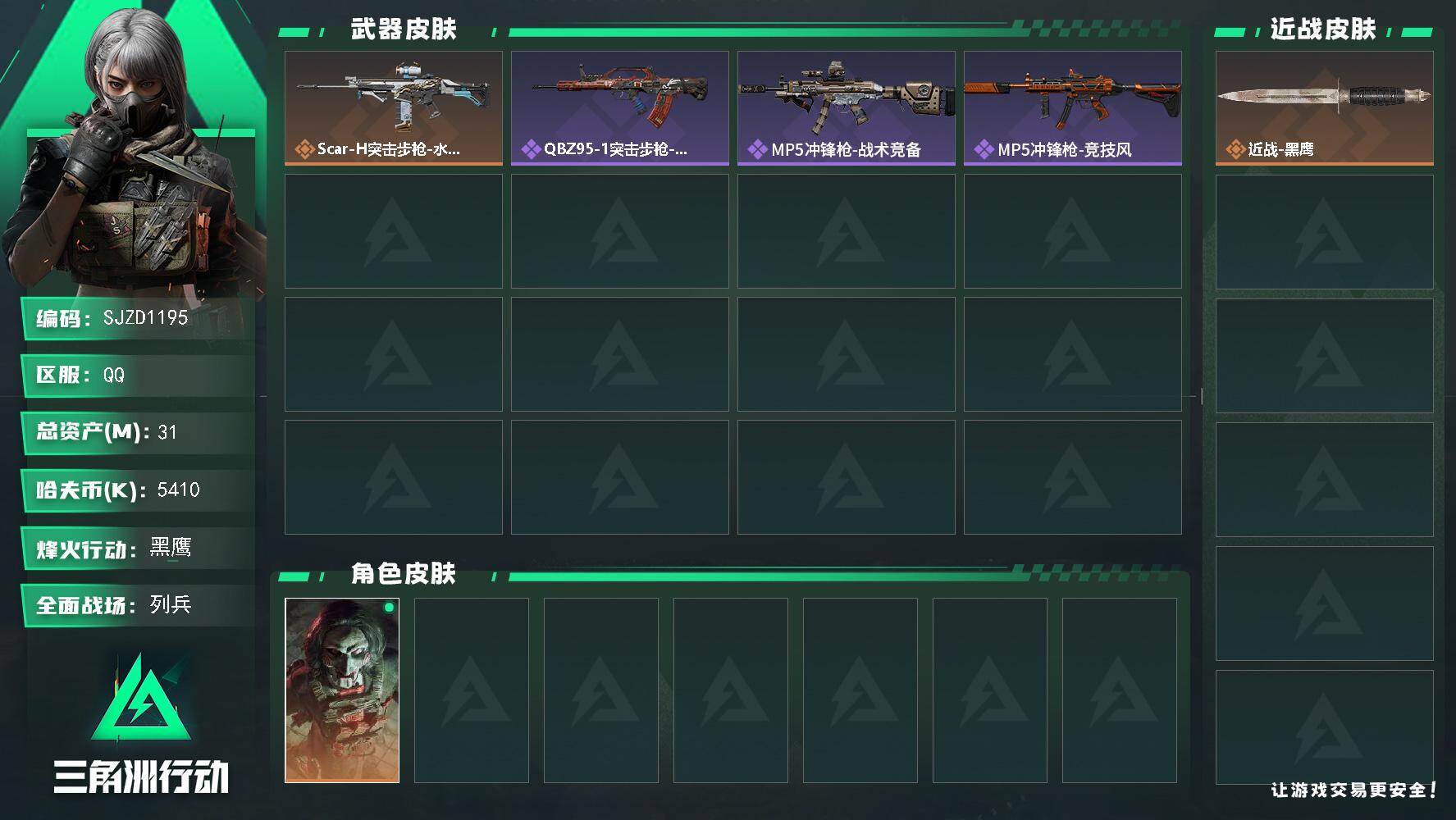 三角洲行动账号QQ【SJZD1195】总资产(M)：31M/哈夫币(K)：5410K/哈夫币(K)：5410K/传说枪皮数：1/全面战场等级：12_段位：列兵/烽火地带等级：60_段位：黑鹰/红狼-电锯惊魂/近战-黑