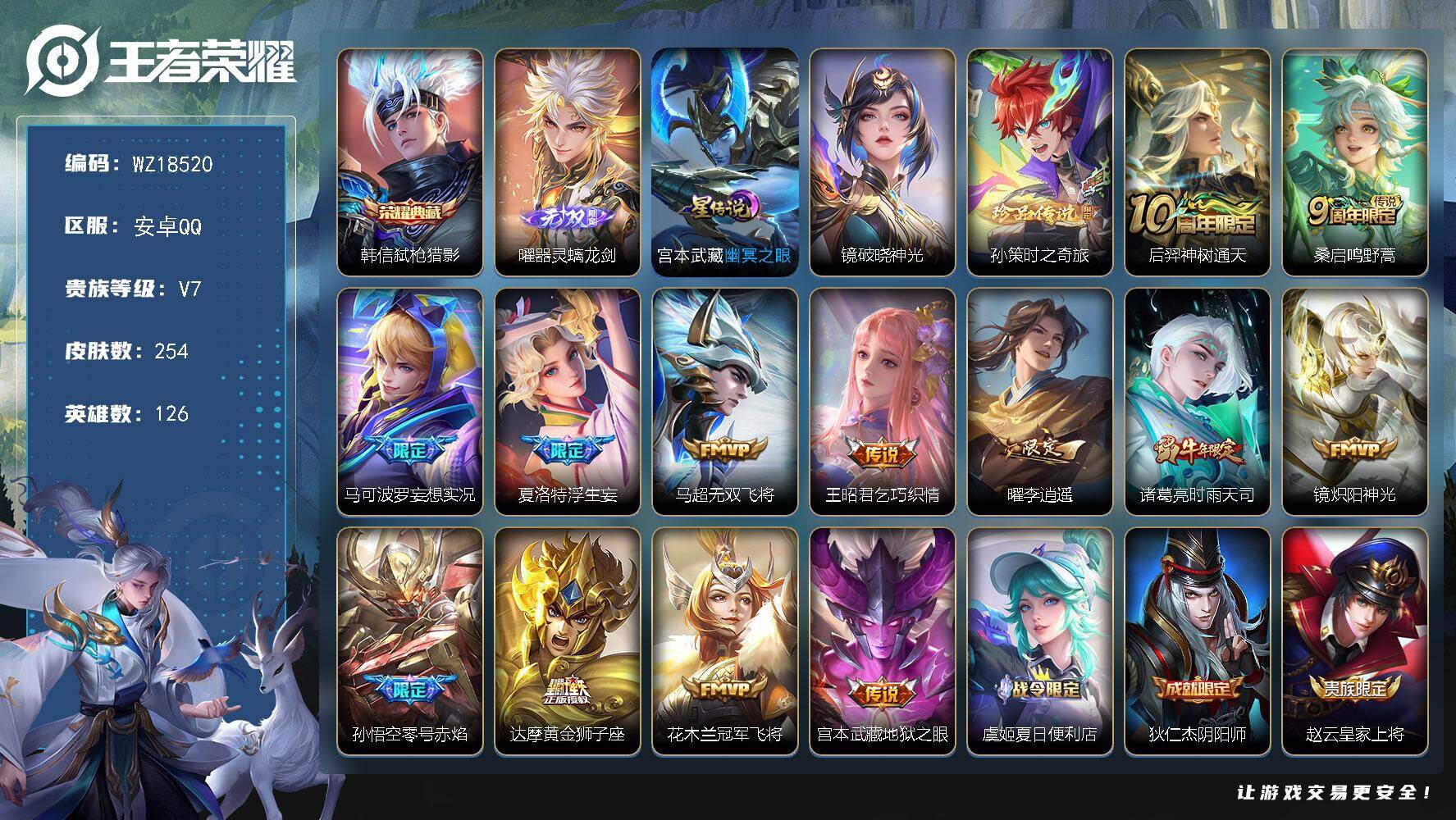 王者荣耀账号安卓QQ【WZ18520】HCA10793，/2星元，安卓Q-V7-最强王者段位-126英雄-254皮肤-1典藏皮肤-1无双-1珍品传说-13传说-72史诗
【英雄全皮】：影全皮
【荣耀典藏】：韩信弑枪猎影