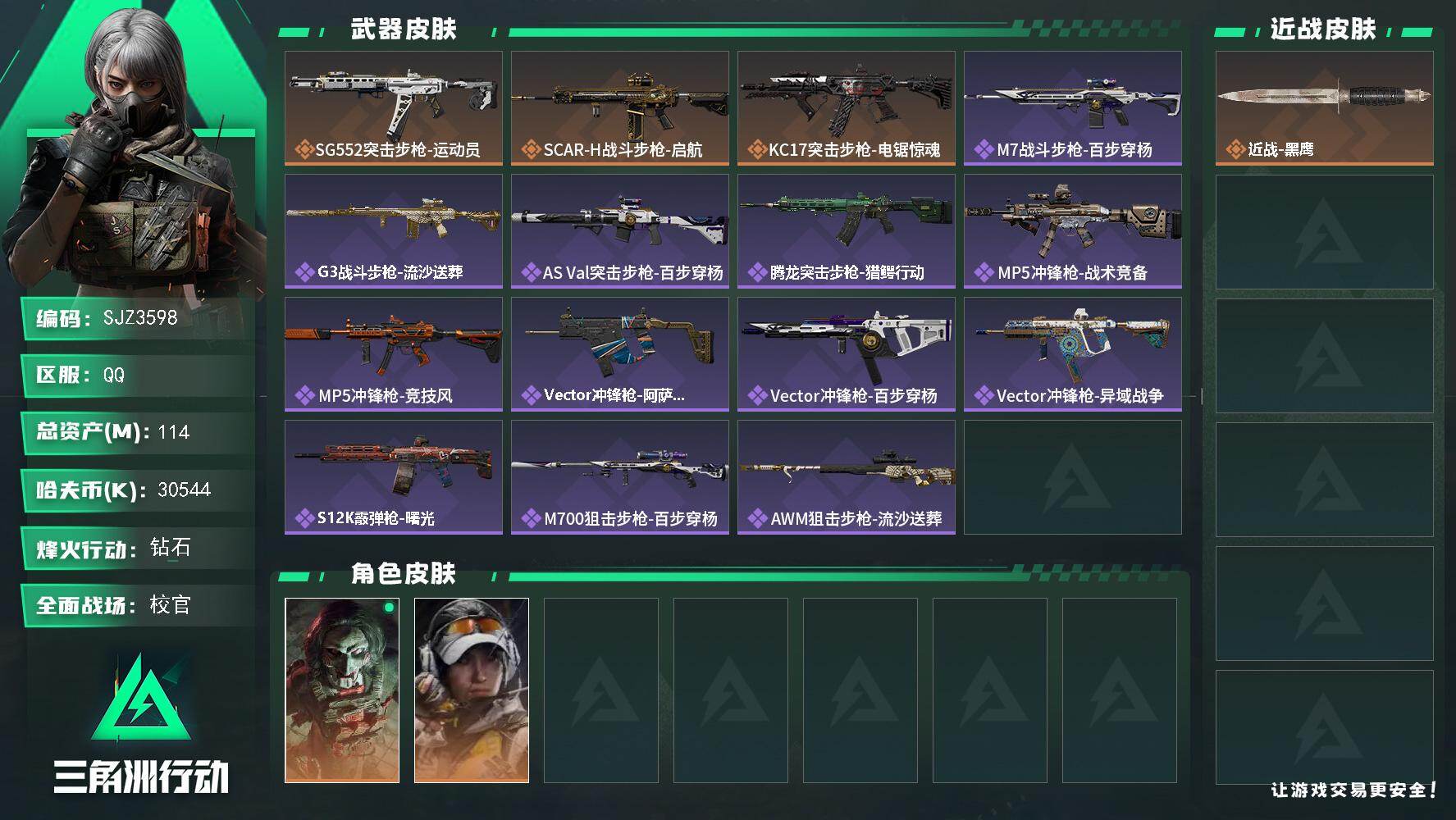 三角洲行动账号QQ【SJZ3598】总资产(M)：114M/哈夫币(K)：30544K/哈夫币(K)：30544K/传说枪皮数：3/全面战场等级：40_段位：校官/烽火地带等级：60_段位：钻石/红狼-电锯惊魂/露娜