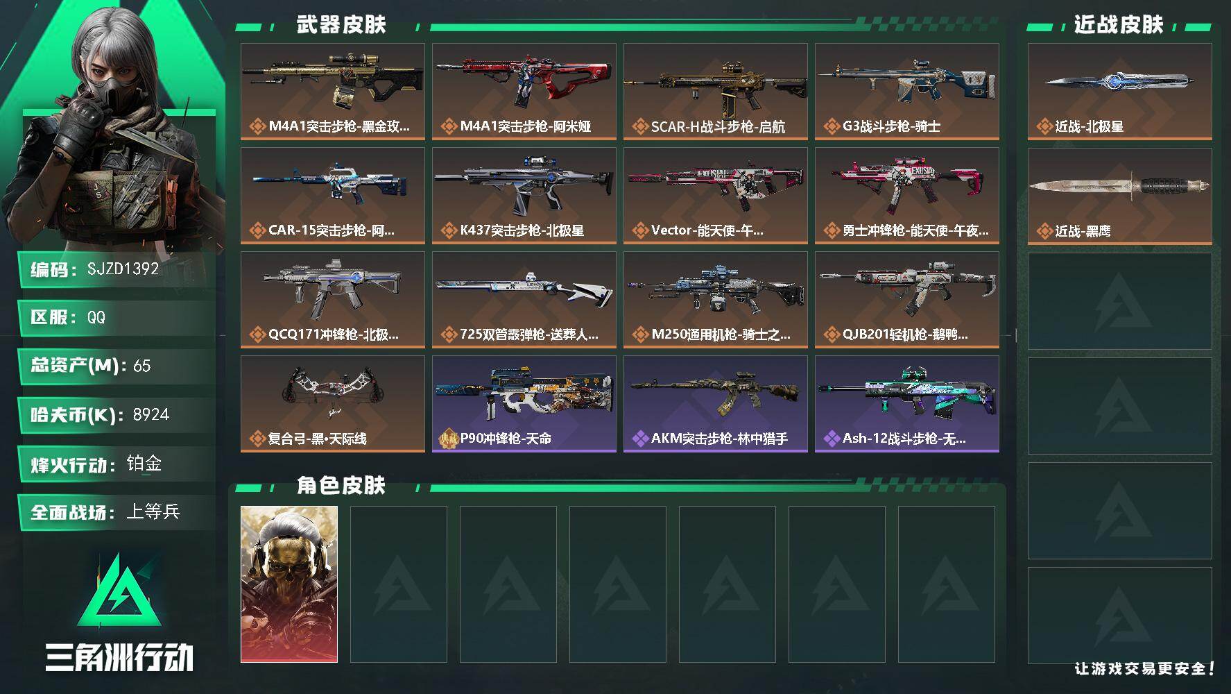 三角洲行动账号QQ【SJZD1392】总资产(M)：65M/哈夫币(K)：8924K/哈夫币(K)：8924K/全面战场等级：26_段位：上等兵/烽火地带等级：60_段位：铂金/红狼-蚀金玫瑰/近战-北极星/近战-黑
