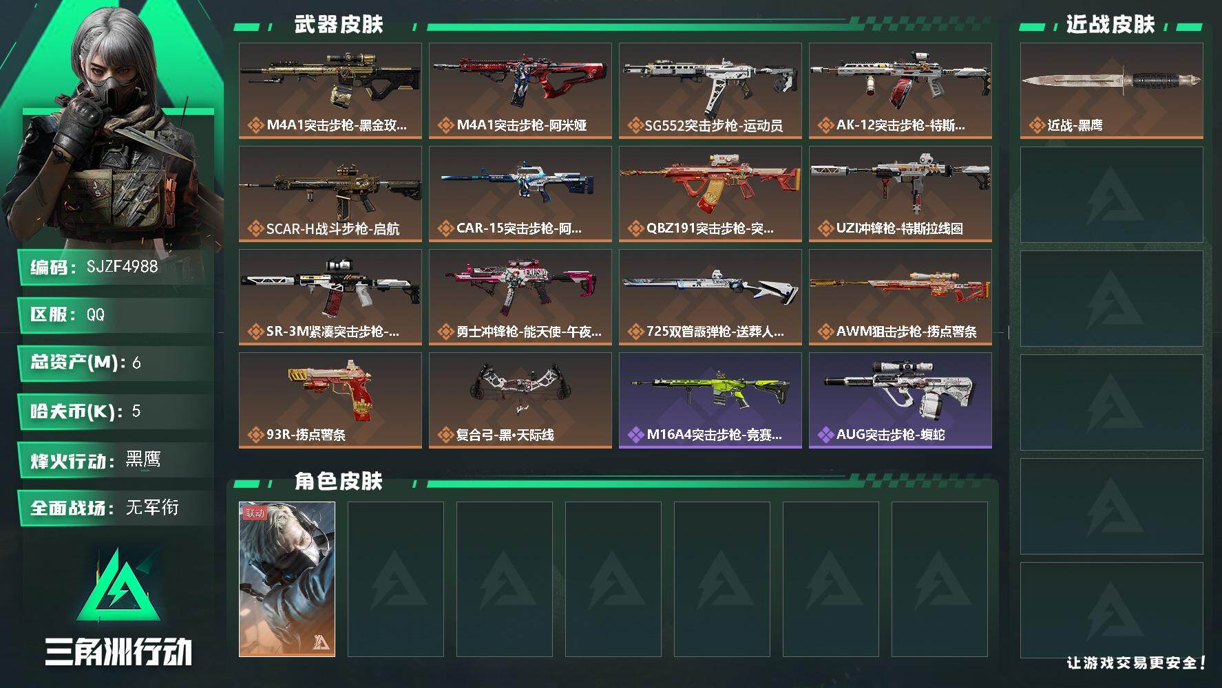 三角洲行动账号QQ【SJZF4988】总资产(M)：6M/哈夫币(K)：5K/哈夫币(K)：5K/传说枪皮数：14/全面战场等级：1_段位：无段位/烽火地带等级：60_段位：黑鹰/蜂医-送葬人·无题密令/近战-黑鹰/