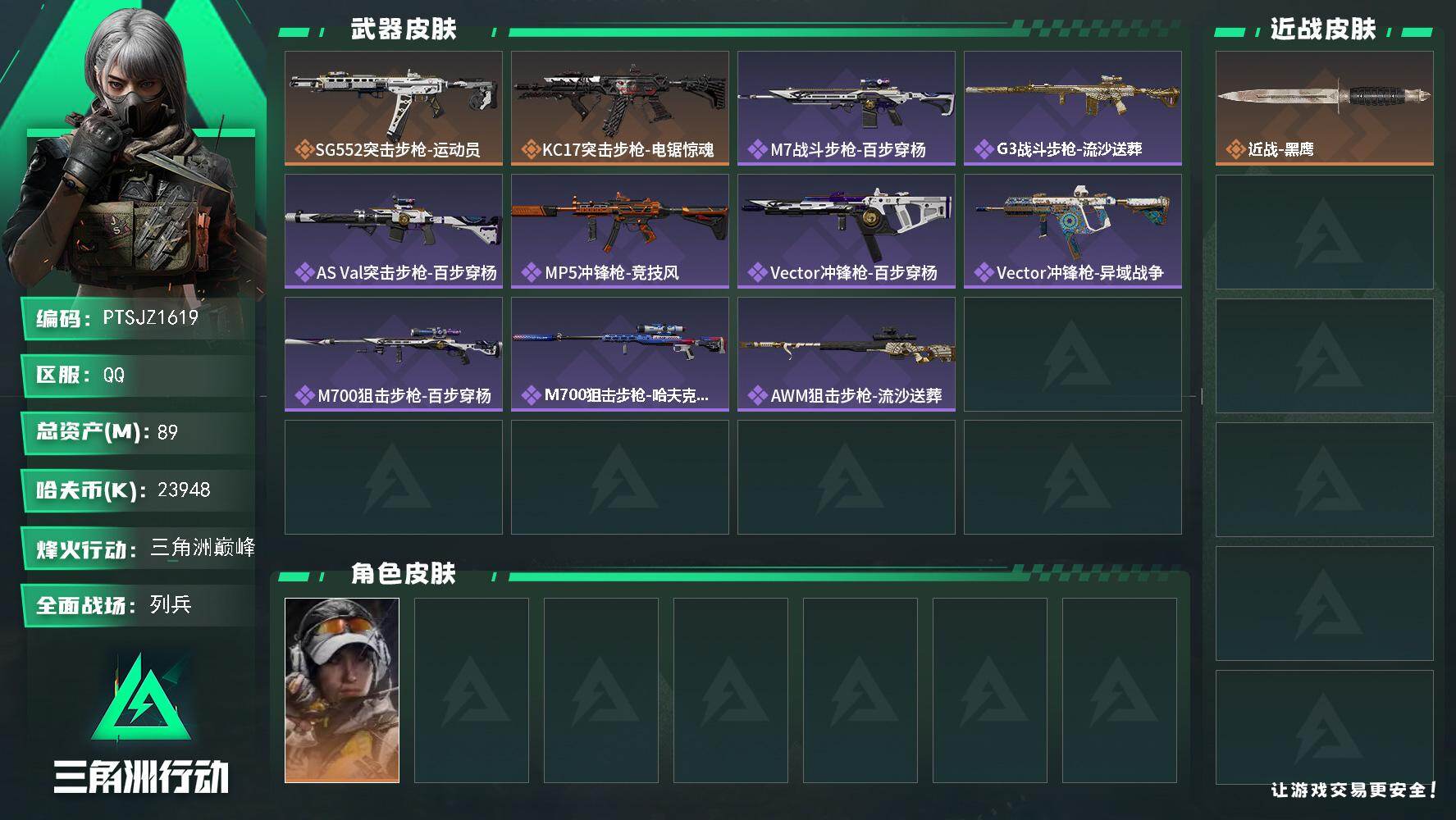 三角洲行动账号QQ【PTSJZ1619】89m总资产-23948k哈伏币-60烽火等级-三角洲巅峰-14战场等级-列兵