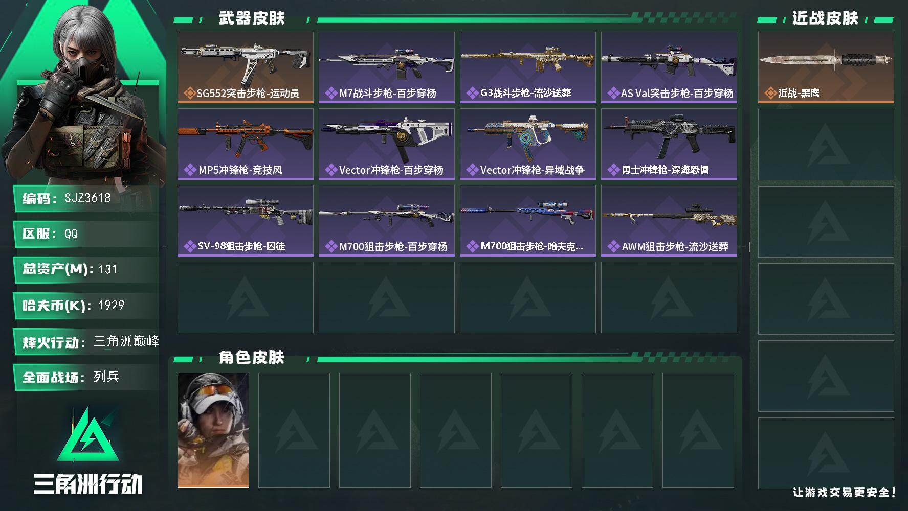 三角洲行动账号QQ【SJZ3618】总资产(M)：131M/哈夫币(K)：1929K/哈夫币(K)：1929K/传说枪