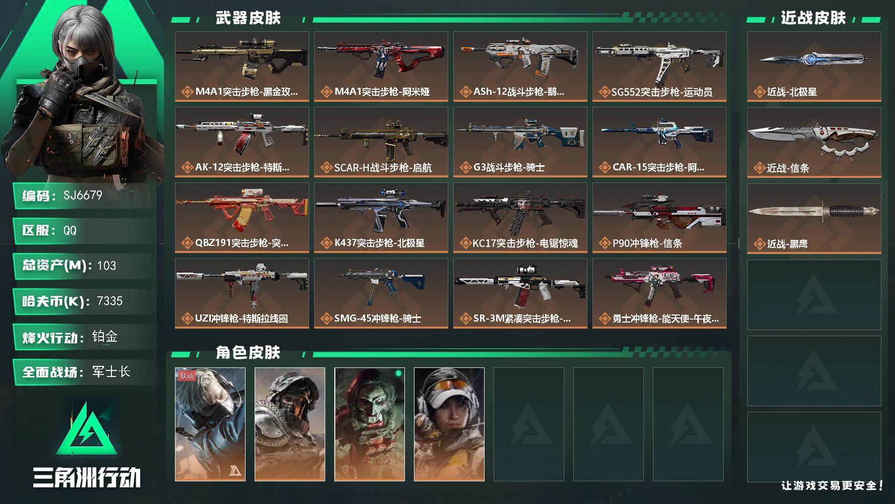 三角洲行动账号QQ【SJ6679】总资产(M)：103M/哈夫币(K)：7335K/哈夫币(K)：7335K/传说枪皮数：25/全面战场等级：37_段位：军士长/烽火地带等级：60_段位：铂金/蜂医-送葬人·无题密令