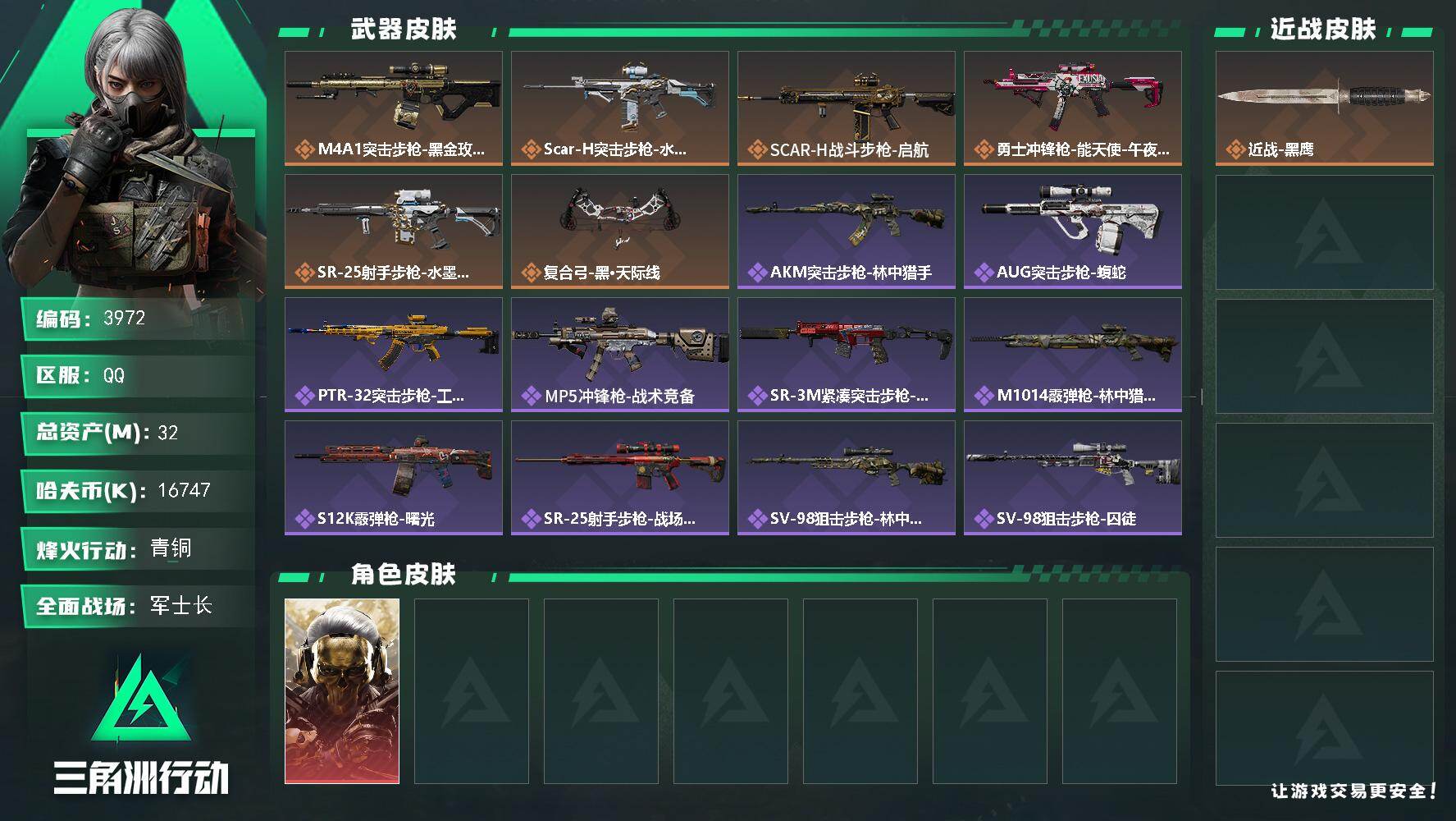 三角洲行动账号QQ总资产(M)：32M/哈夫币(K)：16747K/哈夫币(K)：16747K/传说枪皮数：6/全面战