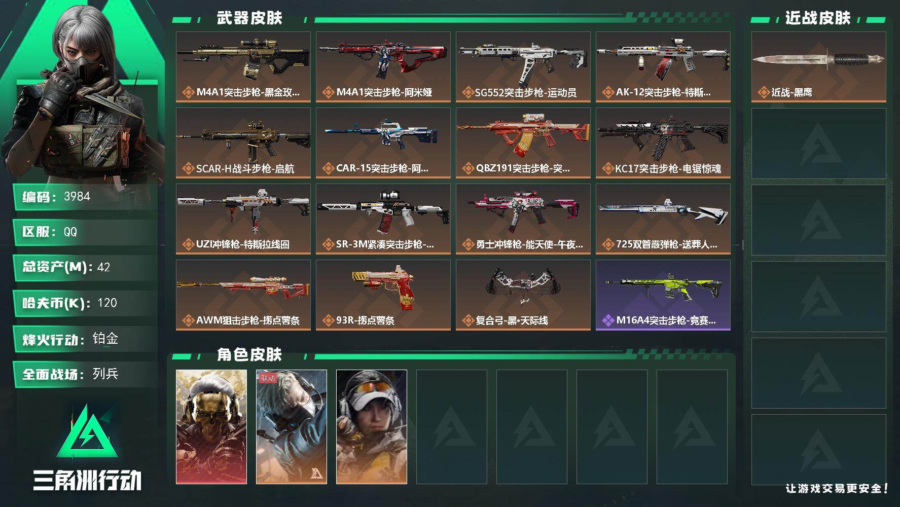 三角洲行动账号QQ总资产(M)：42M/哈夫币(K)：120K/哈夫币(K)：120K/传说枪皮数：15/全面战场等级