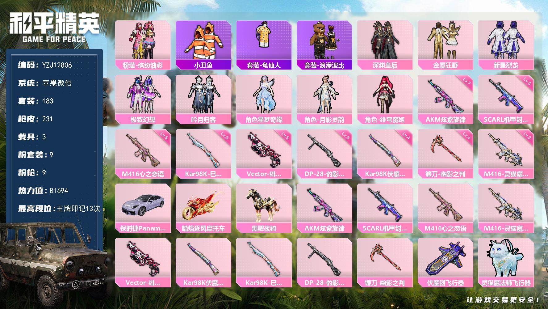 和平精英账号苹果微信3载具-183套装-231枪皮-不可二次 苹果V-3载具9粉装9特效枪31热门183套装231枪皮 