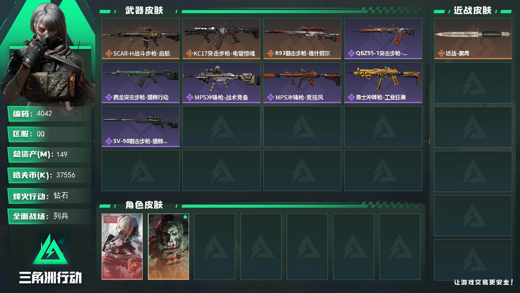 三角洲行动账号QQ总资产(M)：149M/哈夫币(K)：37556K/哈夫币(K)：37556K/传说枪皮数：3/全面
