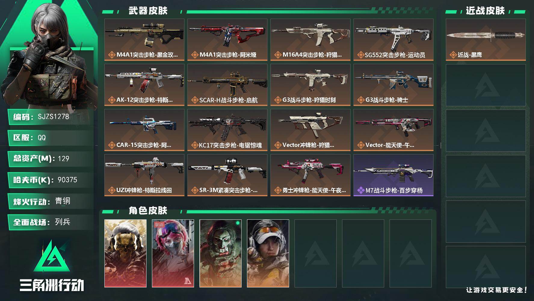 三角洲行动账号QQ【SJZS1278】总资产(M)：129M/哈夫币(K)：90375K/哈夫币(K)：90375K/