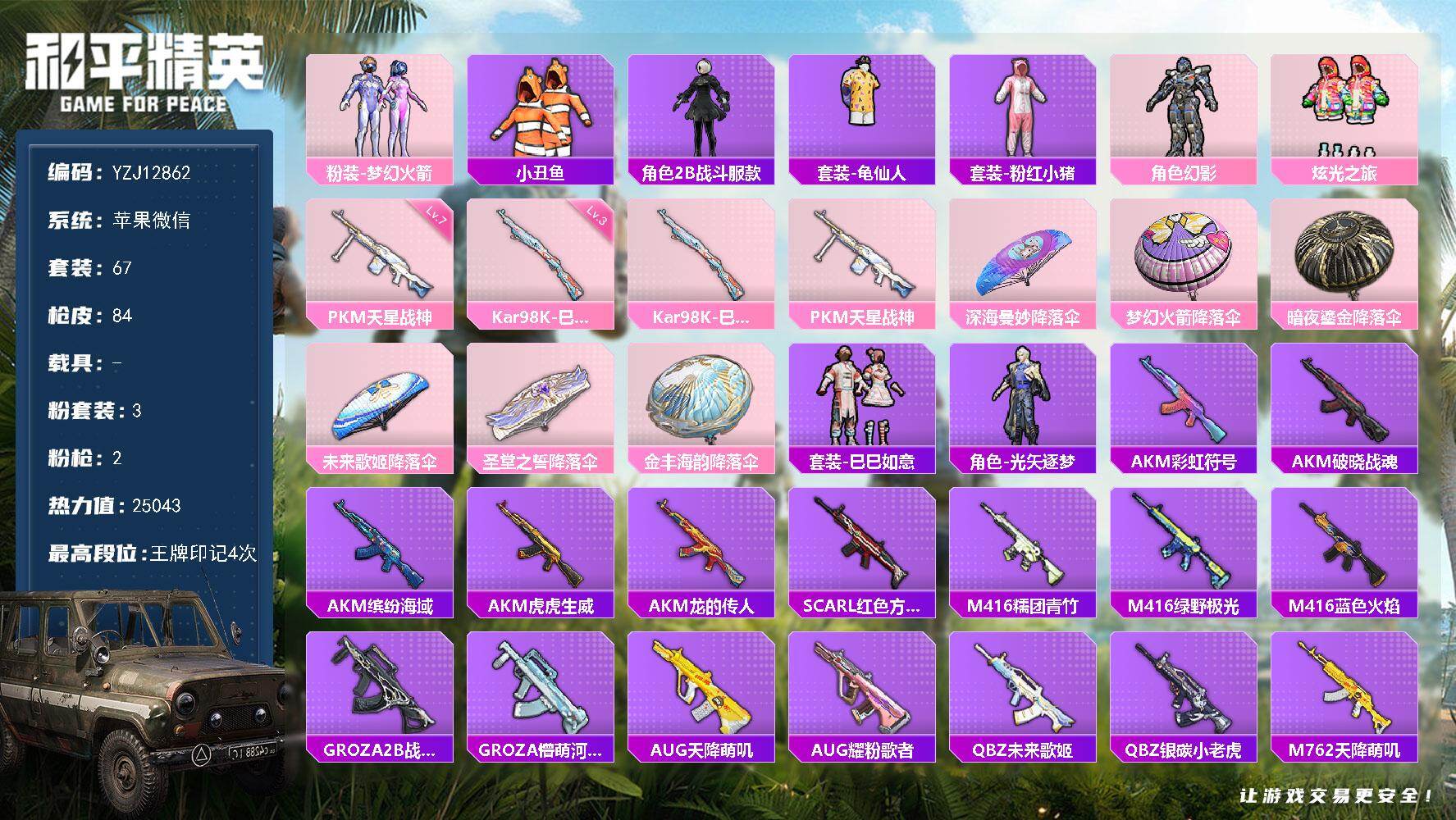 和平精英账号苹果微信0载具-67套装-84枪皮-YZJ12862 可二次 苹果V-1稀有3粉装2特效枪5热门 极品小号 