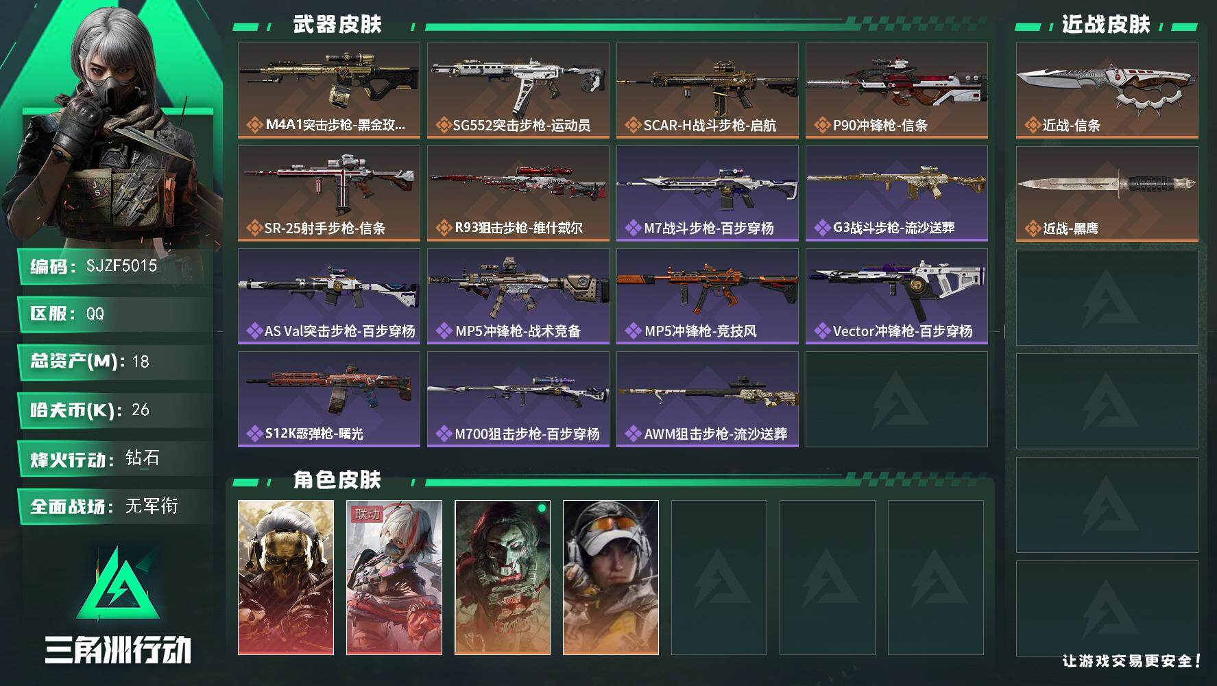 三角洲行动账号QQ【SJZF5015】总资产(M)：18M/哈夫币(K)：26K/哈夫币(K)：26K/传说枪皮数：6