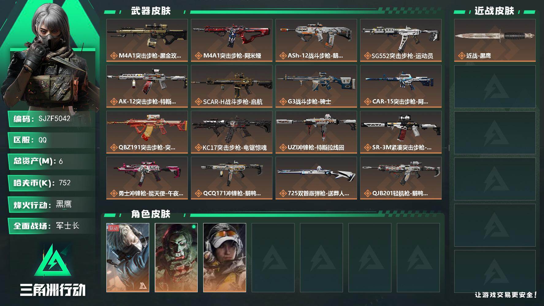 三角洲行动账号QQ【SJZF5042】总资产(M)：6M/哈夫币(K)：752K/哈夫币(K)：752K/传说枪皮数：19/全面战场等级：40_段位：军士长/烽火地带等级：60_段位：黑鹰/蜂医-送葬人·无题密令/红