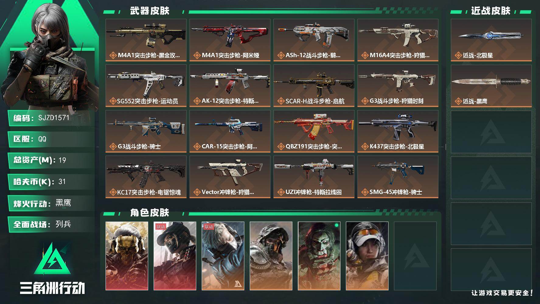 三角洲行动账号QQ【SJZD1571】总资产(M)：19M/哈夫币(K)：31K/哈夫币(K)：31K/传说枪皮数：27/全面战场等级：11_段位：列兵/烽火地带等级：60_段位：黑鹰/红狼-蚀金玫瑰/露娜-黑·天际