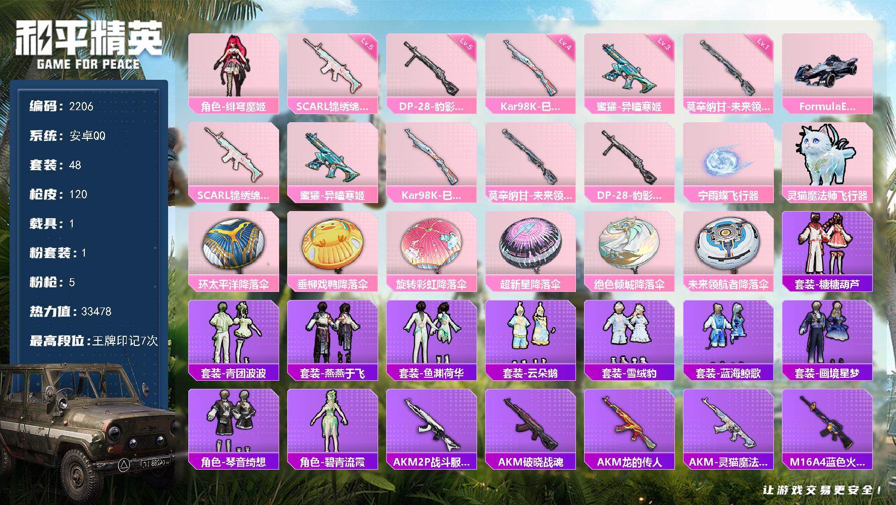 和平精英账号安卓QQ1载具-48套装-120枪皮-48套装/枪械5/装备116/载具1/战备74/王牌印记7/热力值33