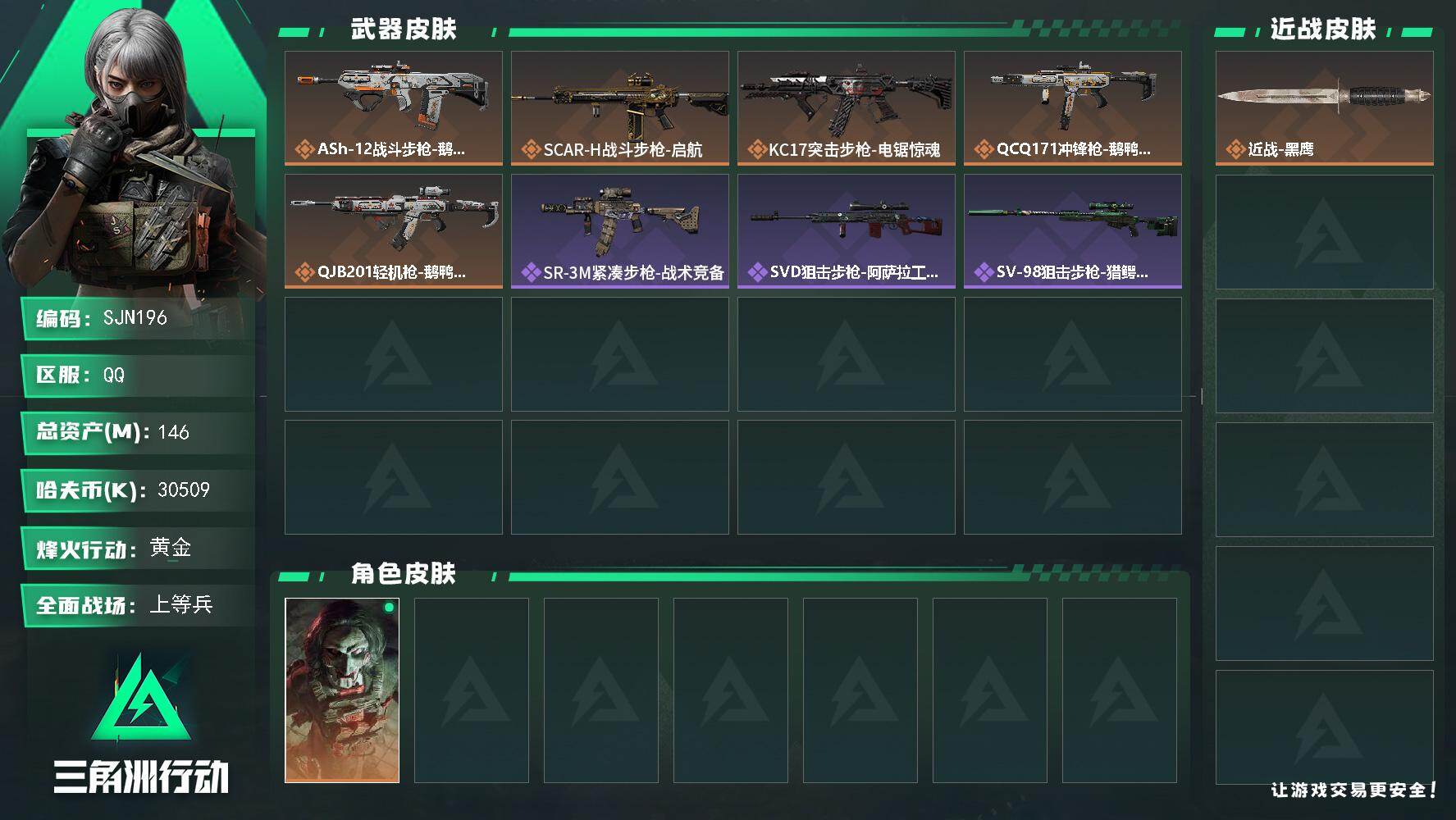 三角洲行动账号QQ【SJN196】总资产(M)：146M/哈夫币(K)：30509K/哈夫币(K)：30509K/传说