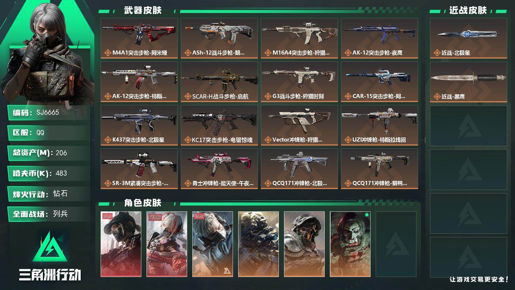 三角洲行动账号QQ【SJ6665】总资产(M)：206M/哈夫币(K)：483K/哈夫币(K)：483K/传说枪皮数：