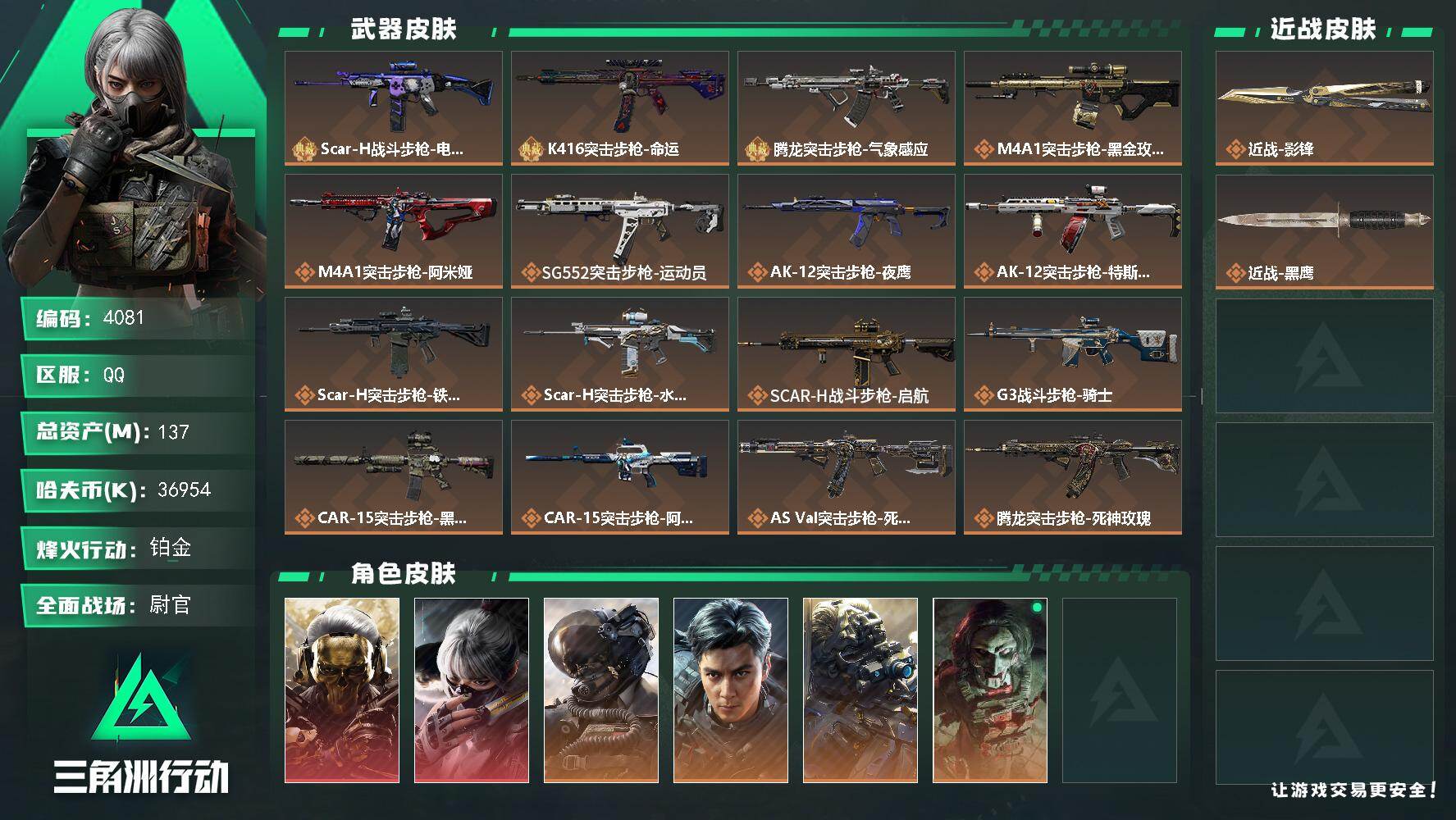 三角洲行动账号QQ总资产(M)：137M/哈夫币(K)：36954K/哈夫币(K)：36954K/传说枪皮数：26/全