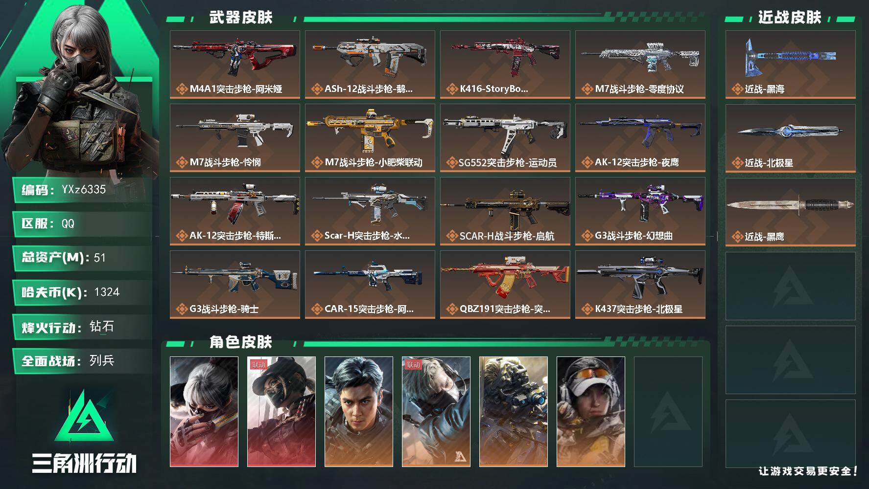 三角洲行动账号QQ【热门皮肤号：双红+双刀+飞虎-水墨云图+黑天际线+黑海+北极星】【当日上新-性价比特价号】【Q区三