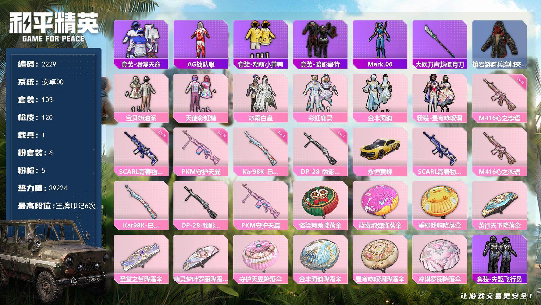 和平精英账号安卓QQ1载具-103套装-120枪皮-103套装/枪械5/装备129/载具1/战备67/王牌印记6/热力值