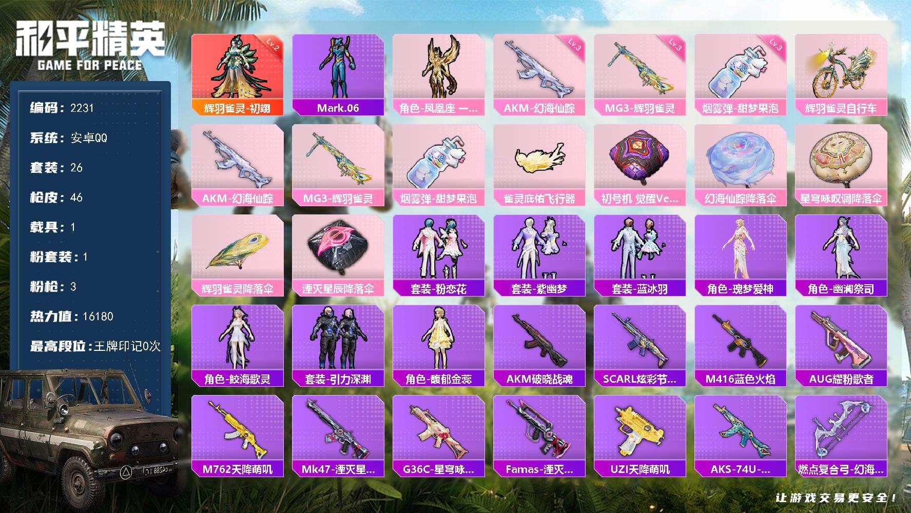 和平精英账号安卓QQ1载具-26套装-46枪皮-26套装/枪械3/装备62/载具1/战备30/热力值16180/三级AK