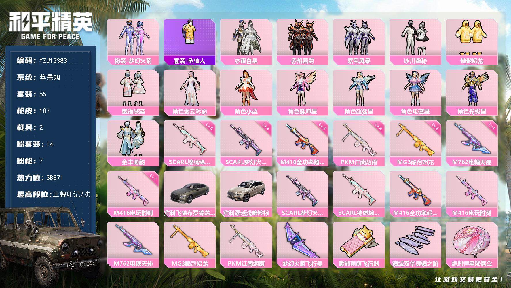和平精英账号苹果QQ2载具-65套装-107枪皮-可二次 苹果Q-2载具14粉装7特效枪2热门【小妹妹专属 火箭 奶龙 