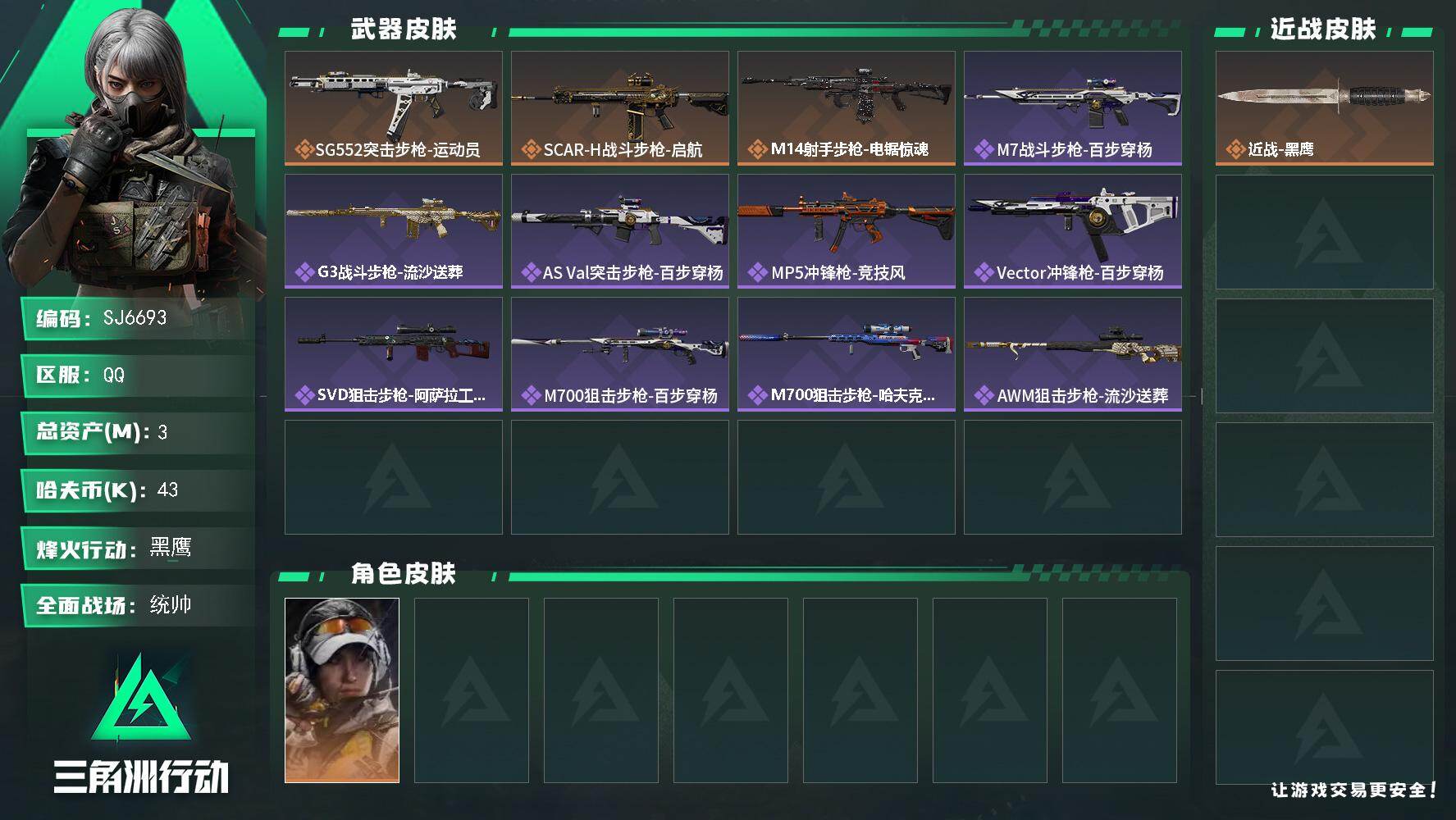 三角洲行动账号QQ【SJ6693】总资产(M)：3M/哈夫币(K)：43K/哈夫币(K)：43K/传说枪皮数：3/全面战场等级：50_段位：统帅/烽火地带等级：60_段位：黑鹰/露娜-金牌射手/近战-黑鹰/SG552