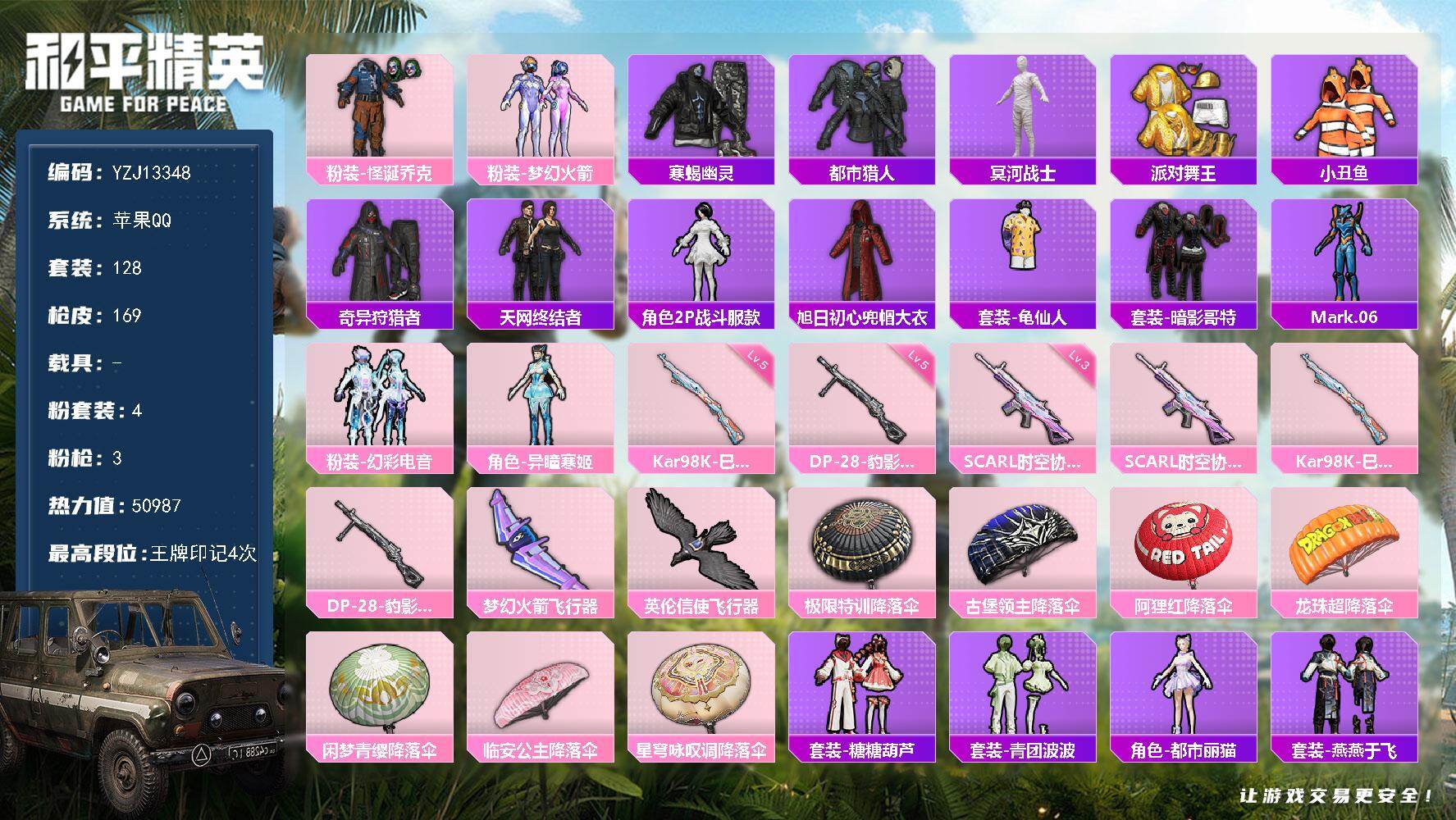 和平精英账号苹果QQ0载具-128套装-169枪皮-可二次-苹果Q-7稀有4粉装3特效枪16热门-不可转区-【精氪男神素