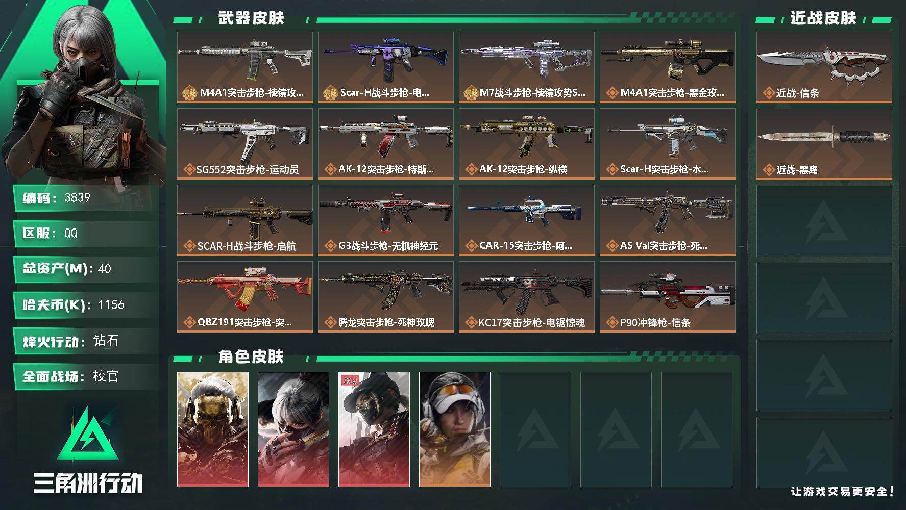 三角洲行动账号QQ总资产(M)：40M/哈夫币(K)：1156K/哈夫币(K)：1156K/传说枪皮数：28/全面战场