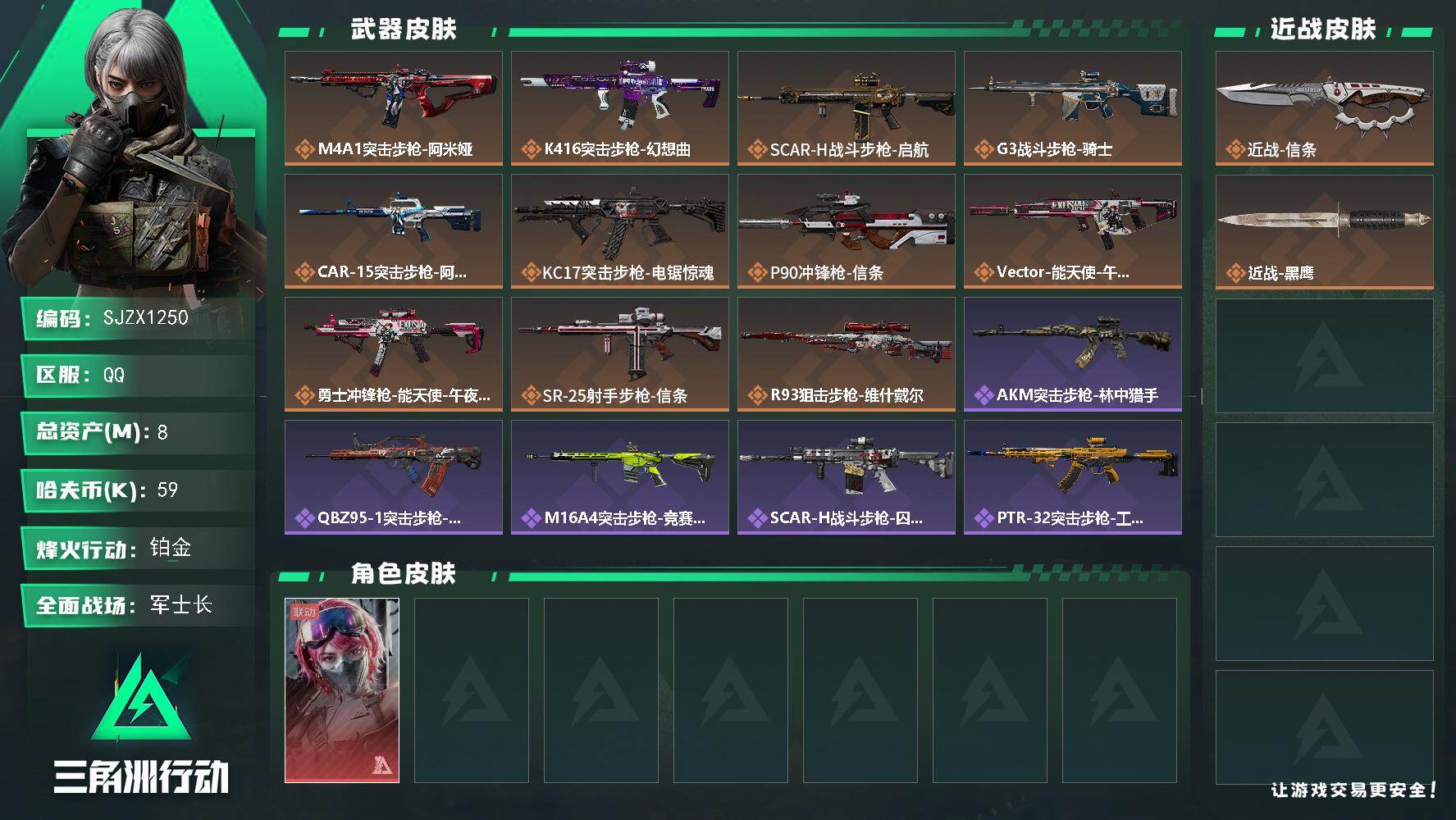 三角洲行动账号QQ【SJZX1250】总资产(M)：8M/哈夫币(K)：59K/哈夫币(K)：59K/传说枪皮数：11/全面战场等级：37_段位：军士长/烽火地带等级：46_段位：铂金/蛊-能天使午夜邮差/近战-信条