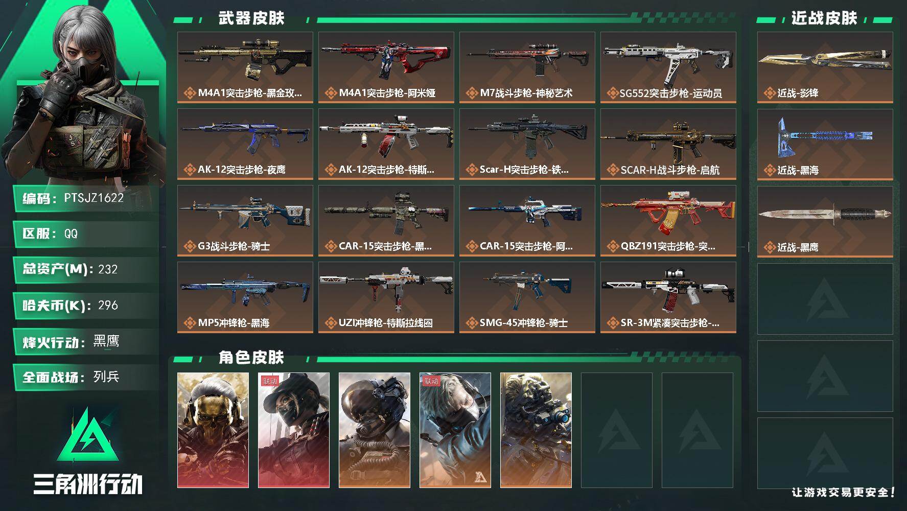 三角洲行动账号QQ【PTSJZ1622】【自带包赔 找回全额赔】
232m总资产-296k哈伏币-60烽火等级-黑鹰-