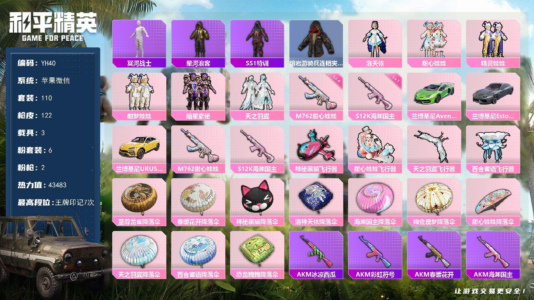 和平精英账号苹果微信3载具-110套装-122枪皮-苹果 微信-6粉装-2特效枪-3载具-4粉色飞行器-43483热力值