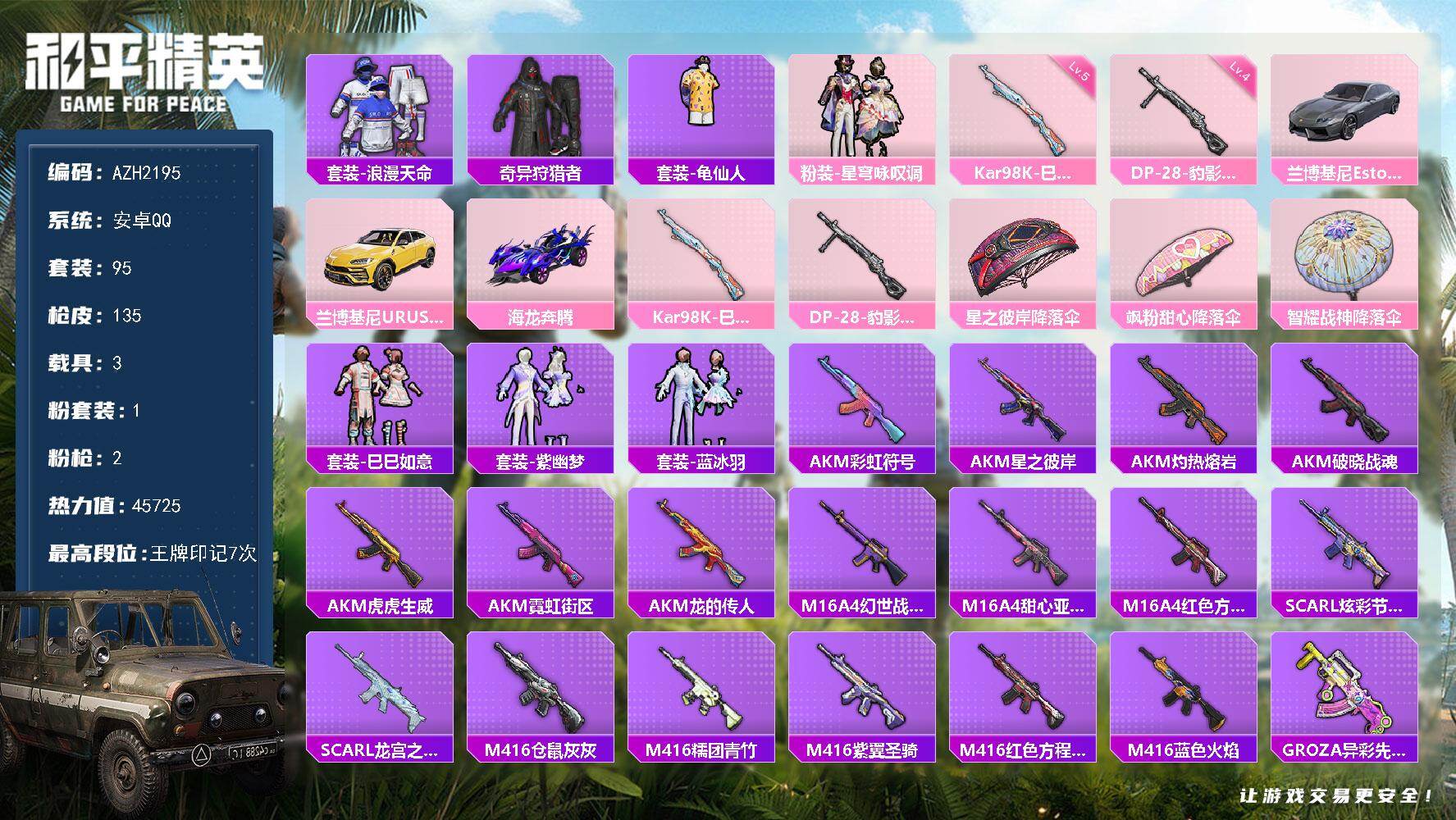 和平精英账号安卓QQ【AZH2195】安卓 手Q【1粉 奇异狩猎者 3载具】1粉装-2特效枪-3载具-1粉色飞行器-45