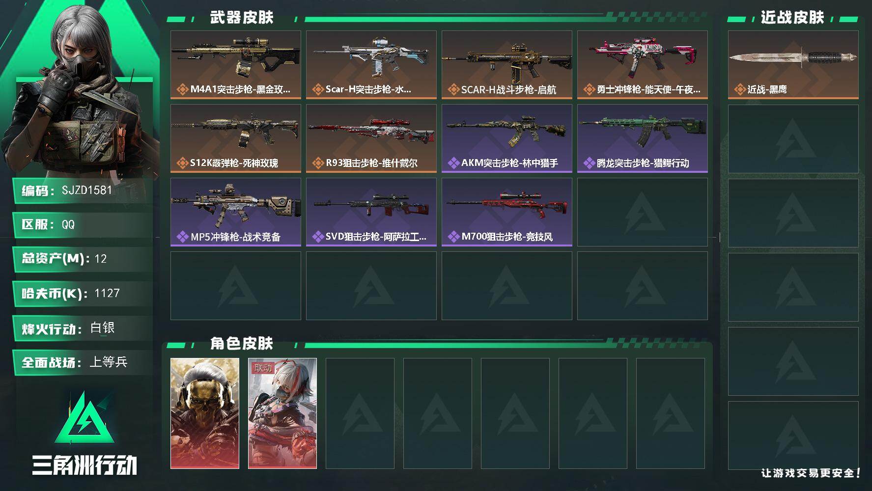 三角洲行动账号QQ【SJZD1581】总资产(M)：12M/哈夫币(K)：1127K/哈夫币(K)：1127K/传说枪皮数：6/全面战场等级：14_段位：上等兵/烽火地带等级：52_段位：白银/红狼-蚀金玫瑰/骇爪-
