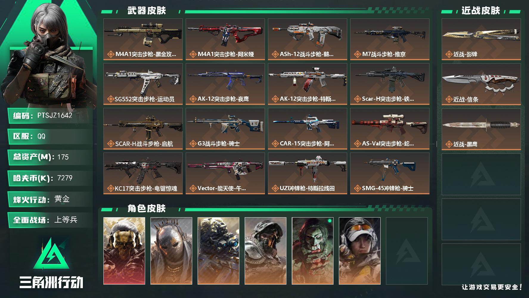 三角洲行动账号QQ【PTSJZ1642】175m总资产-7279k哈伏币-60烽火等级-黄金-48战场等级-上等兵
【