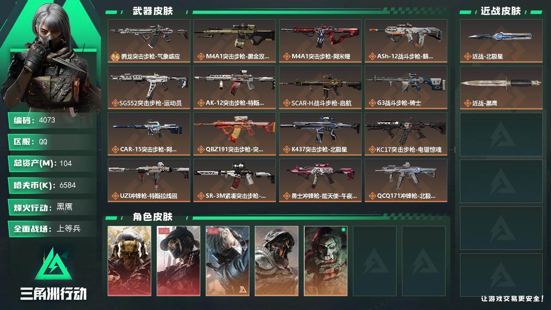三角洲行动账号QQ总资产(M)：104M/哈夫币(K)：6584K/哈夫币(K)：6584K/传说枪皮数：23/全面战