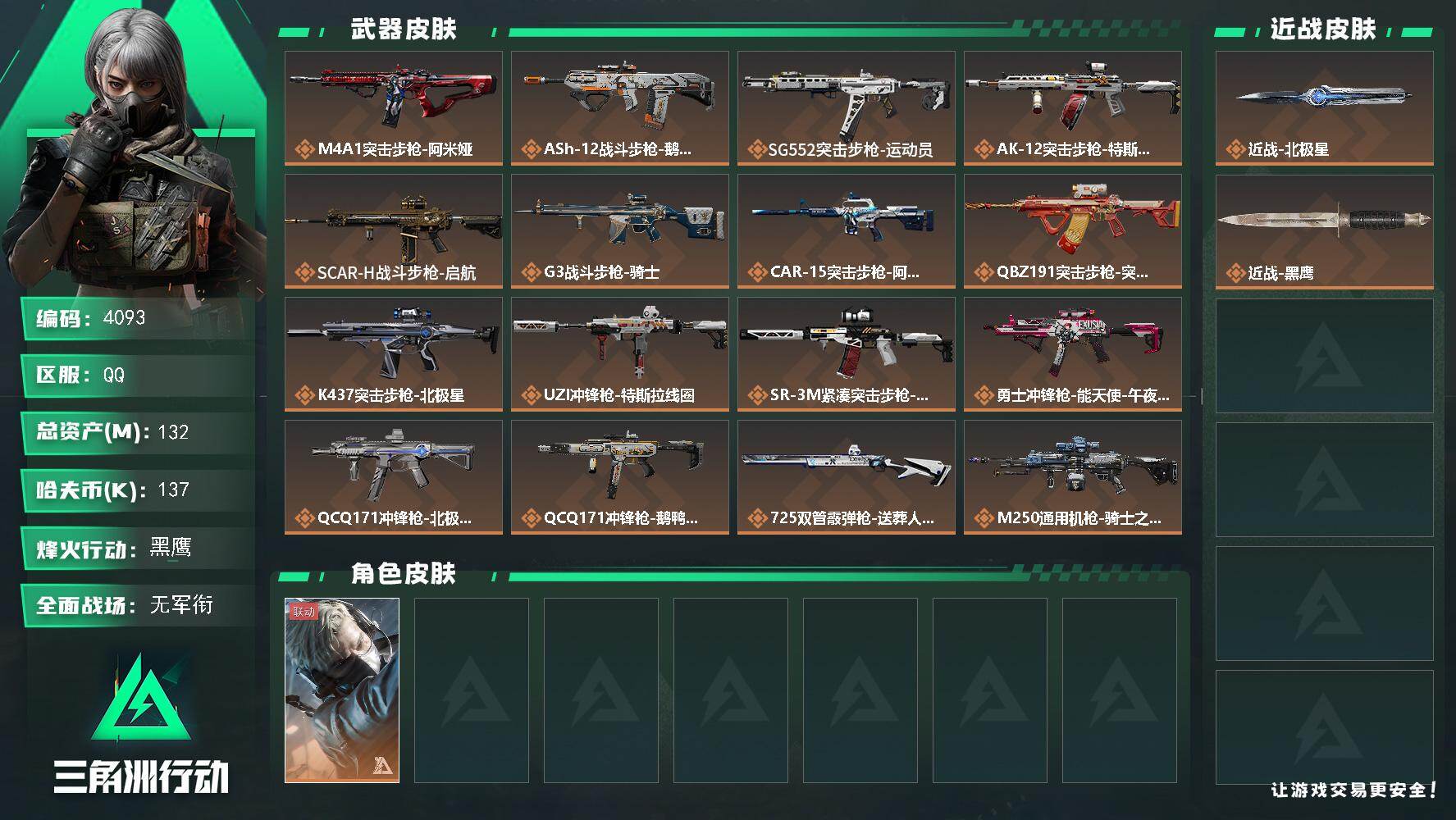三角洲行动账号QQ总资产(M)：132M/哈夫币(K)：137K/哈夫币(K)：137K/传说枪皮数：20/全面战场等