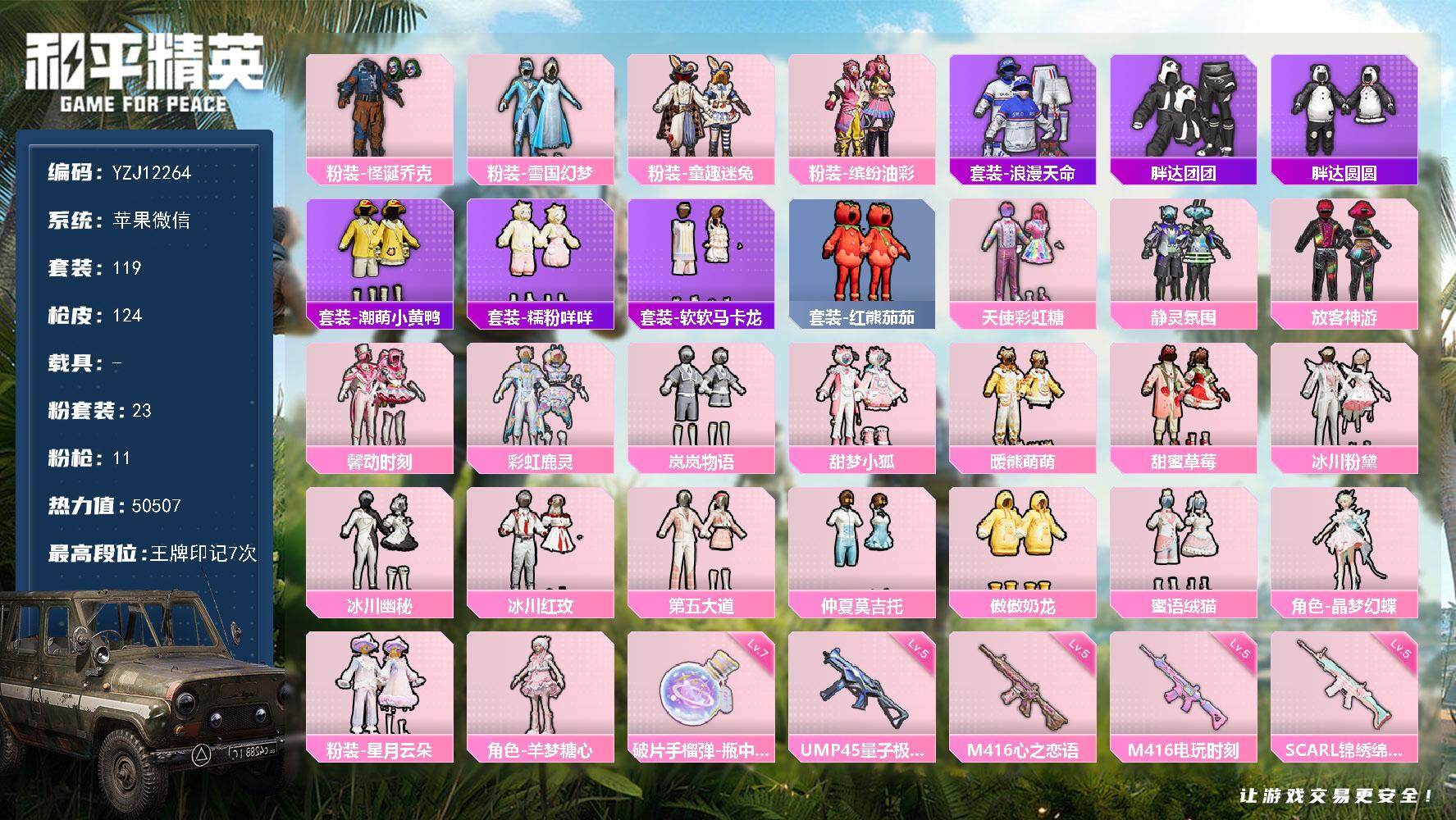 和平精英账号苹果微信0载具-119套装-124枪皮-YZJ12264 可二次 身法妹子号 雪国 小丑 猪妹 发光眼罩  