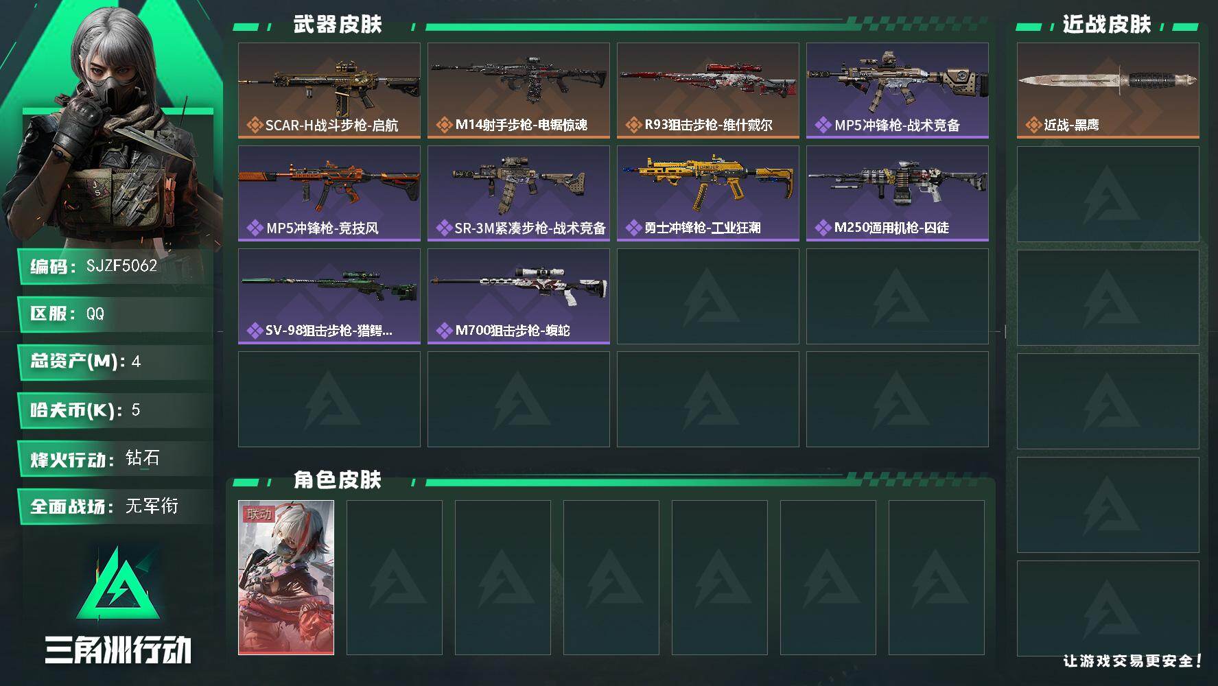 三角洲行动账号QQ【SJZF5062】总资产(M)：4M/哈夫币(K)：5K/哈夫币(K)：5K/传说枪皮数：3/全面战场等级：5_段位：无段位/烽火地带等级：37_段位：钻石/骇爪-维什戴尔/近战-黑鹰/SCAR-