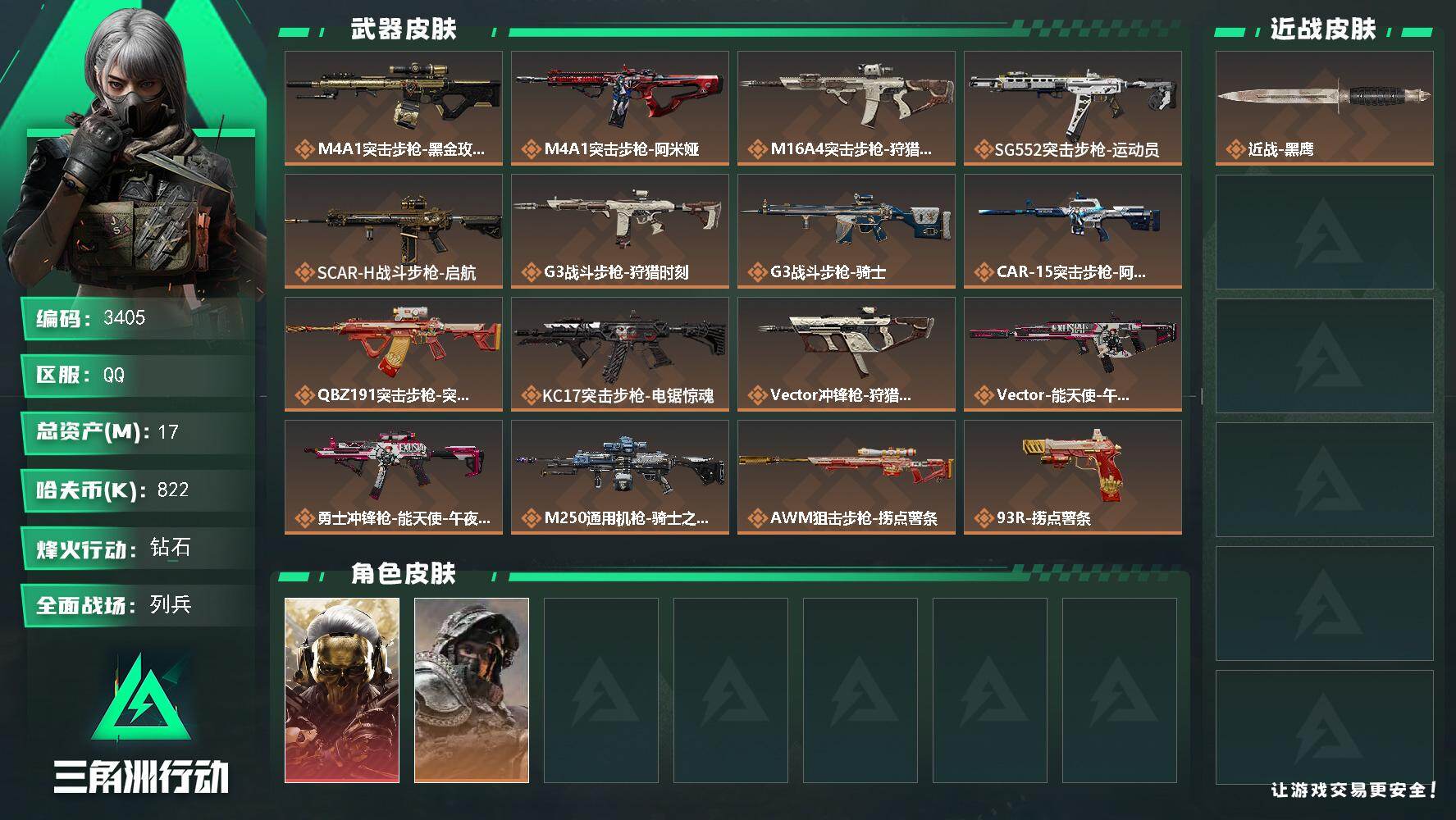 三角洲行动账号QQ总资产(M)：17M/哈夫币(K)：822K/哈夫币(K)：822K/传说枪皮数：16/全面战场等级