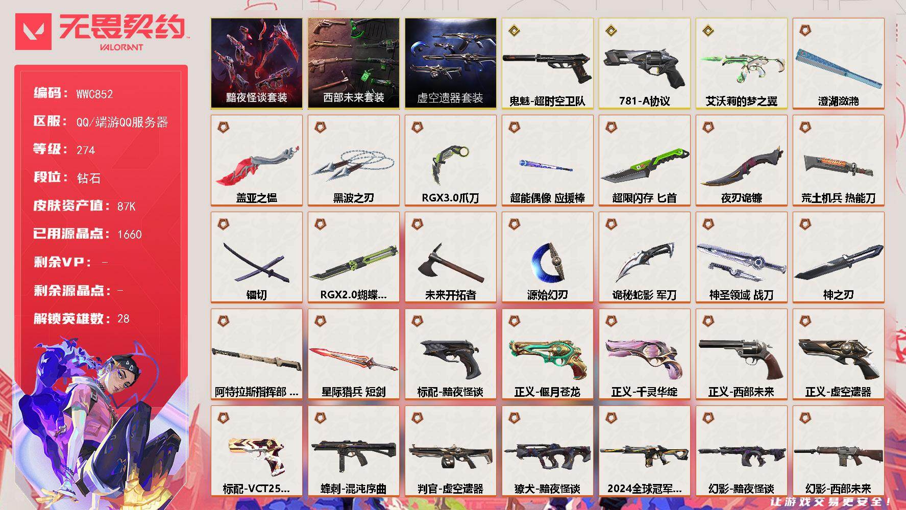 无畏契约账号QQ【WWC852】终极*41/传奇*3/卓越*9/皮肤*150/等级*274/段位:钻石/虚空遗器套/