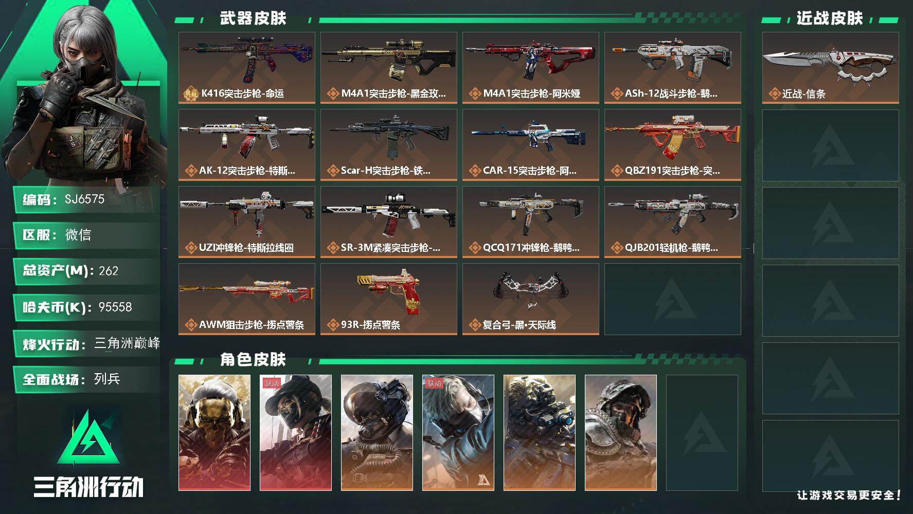 三角洲行动账号VX【SJ6575】总资产(M)：262M/哈夫币(K)：95558K/哈夫币(K)：95558K/传说枪皮数：25/全面战场等级：23_段位：列兵/烽火地带等级：60_段位：三角洲巅峰/红狼-蚀金玫瑰