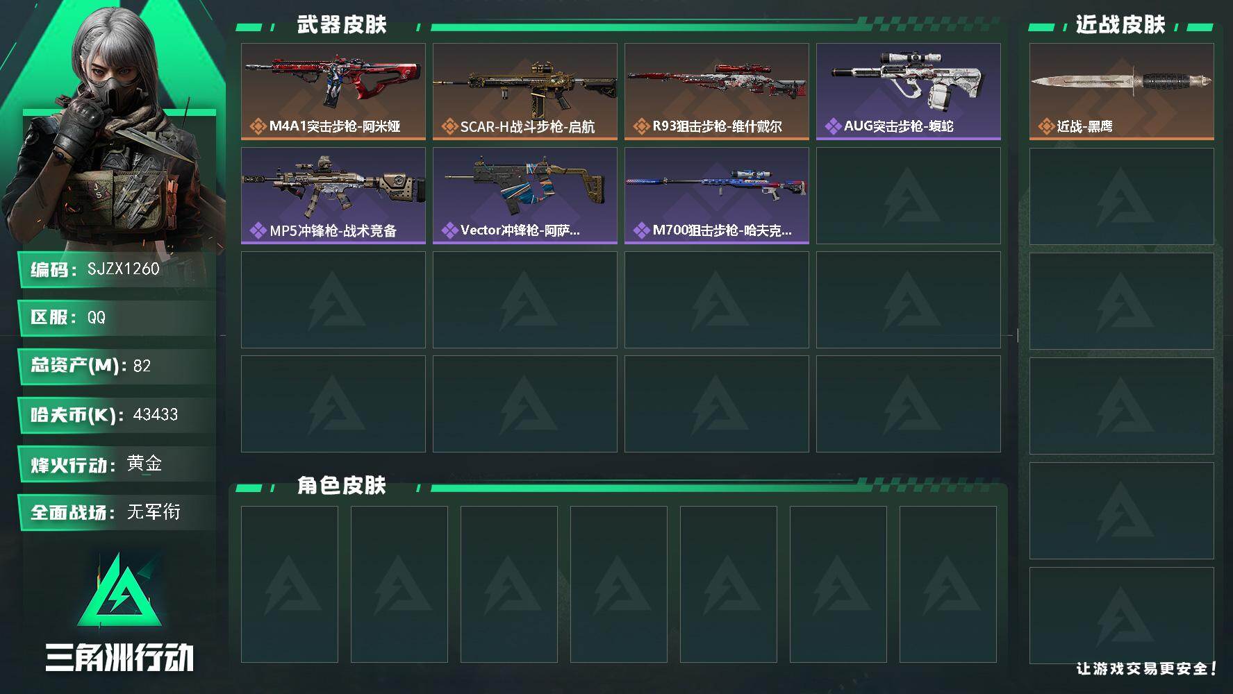 三角洲行动账号QQ【SJZX1260】总资产(M)：82M/哈夫币(K)：43433K/哈夫币(K)：43433K/传说枪皮数：3/全面战场等级：1_段位：无段位/烽火地带等级：34_段位：黄金/近战-黑鹰/M4A1