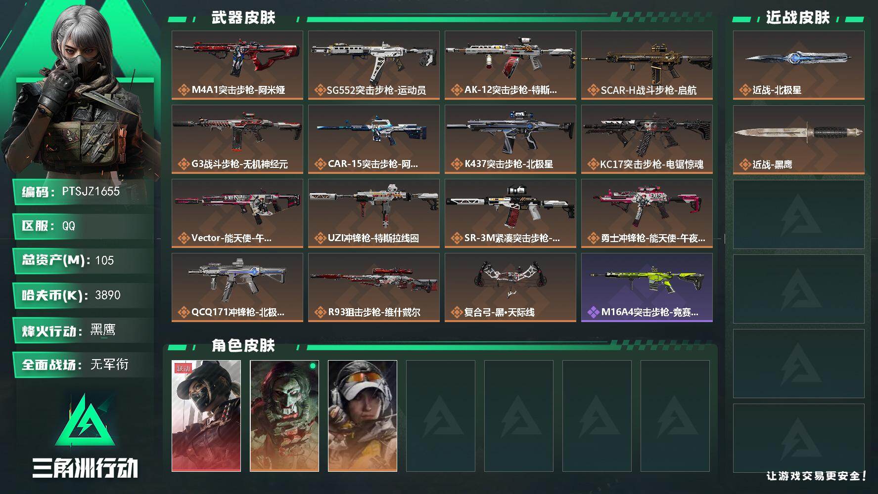 三角洲行动账号QQ【PTSJZ1655】【自带包赔 找回全额赔】
105m总资产-3890k哈伏币-60烽火等级-黑鹰