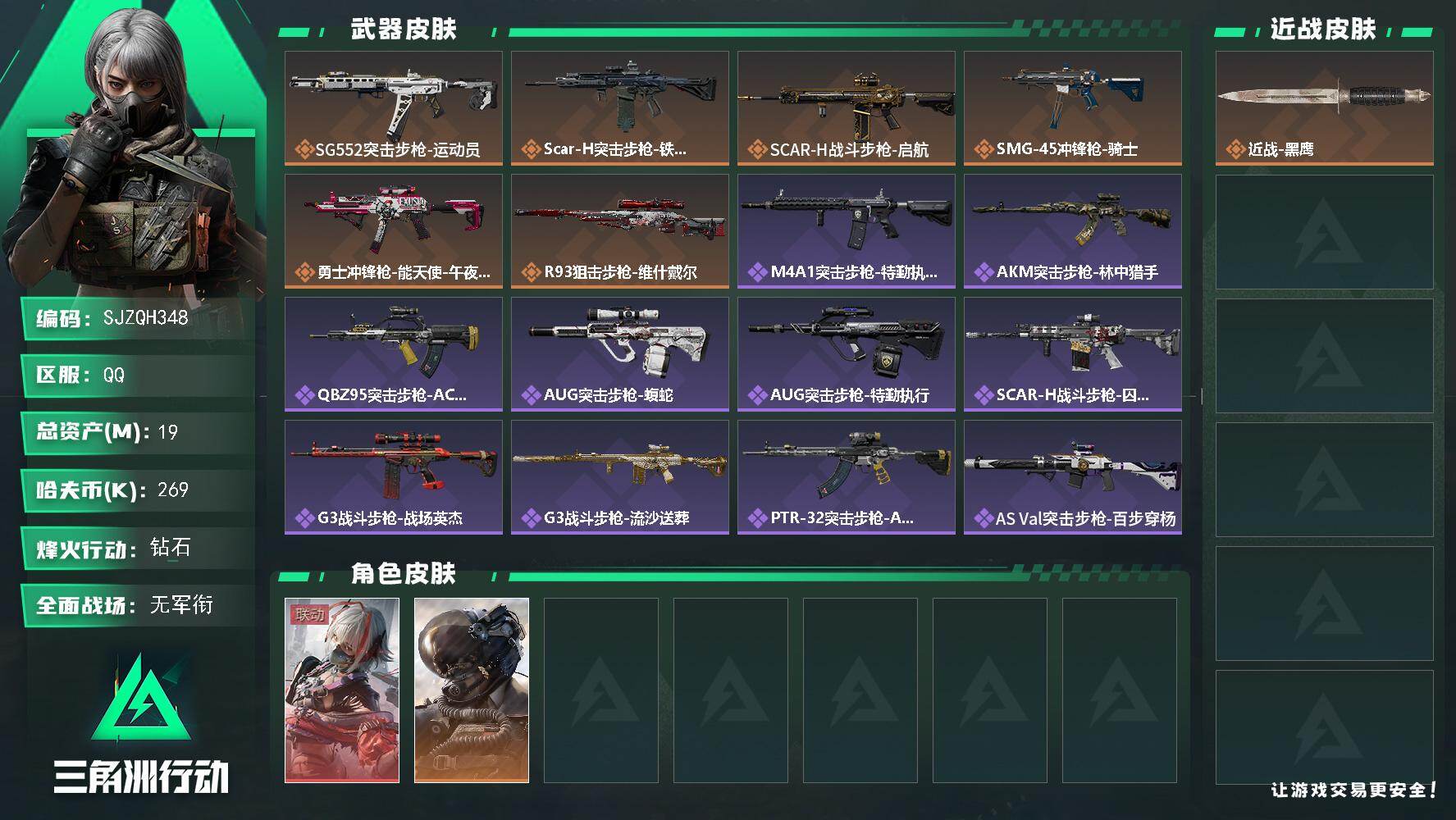 三角洲行动账号QQ【SJZQH348】总资产(M)：19M/哈夫币(K)：269K/哈夫币(K)：269K/传说枪皮数