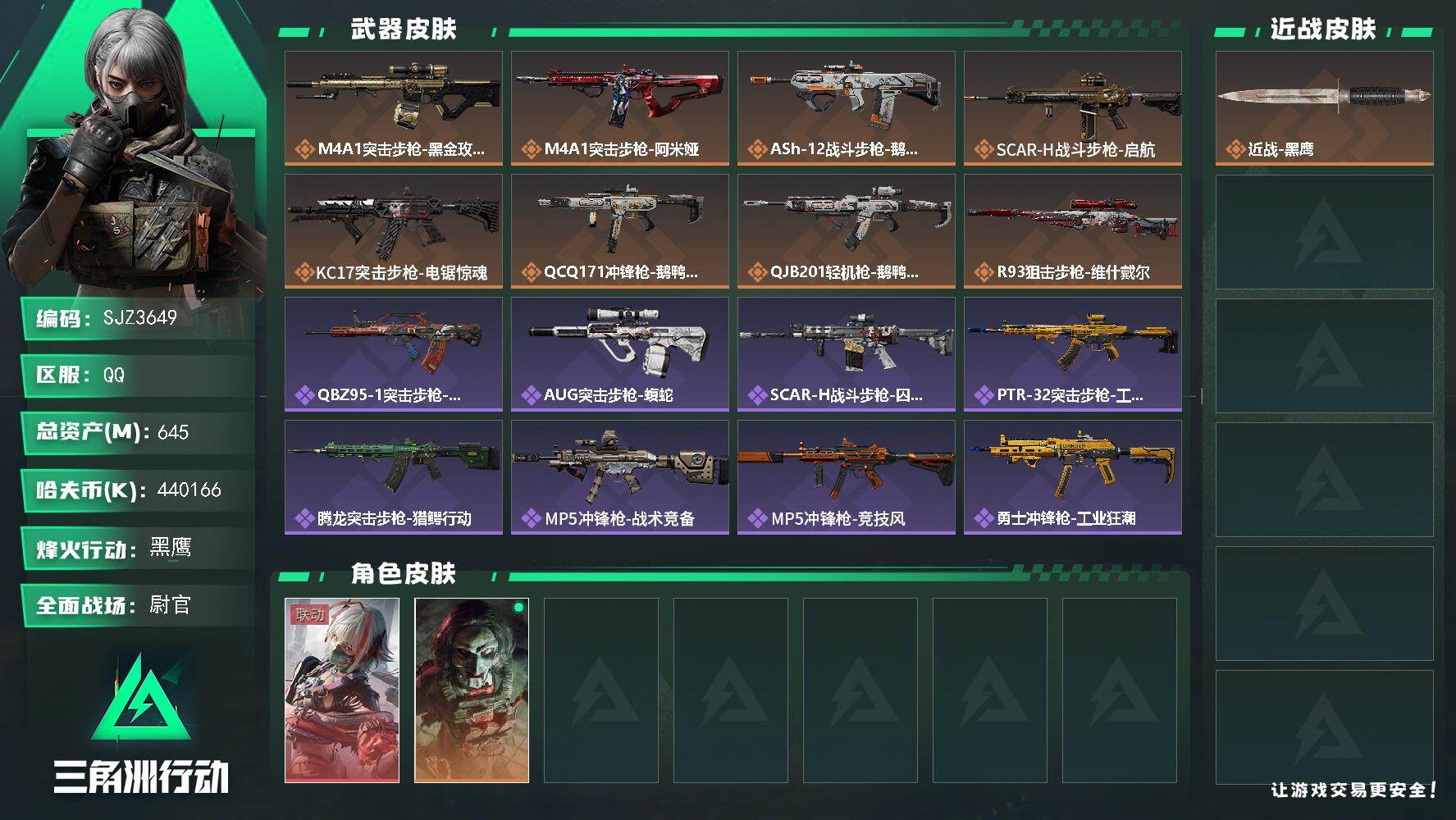 三角洲行动账号QQ【SJZ3649】总资产(M)：645M/哈夫币(K)：440166K/哈夫币(K)：440166K/传说枪皮数：8/全面战场等级：42_段位：尉官/烽火地带等级：60_段位：黑鹰/骇爪-维什戴尔/