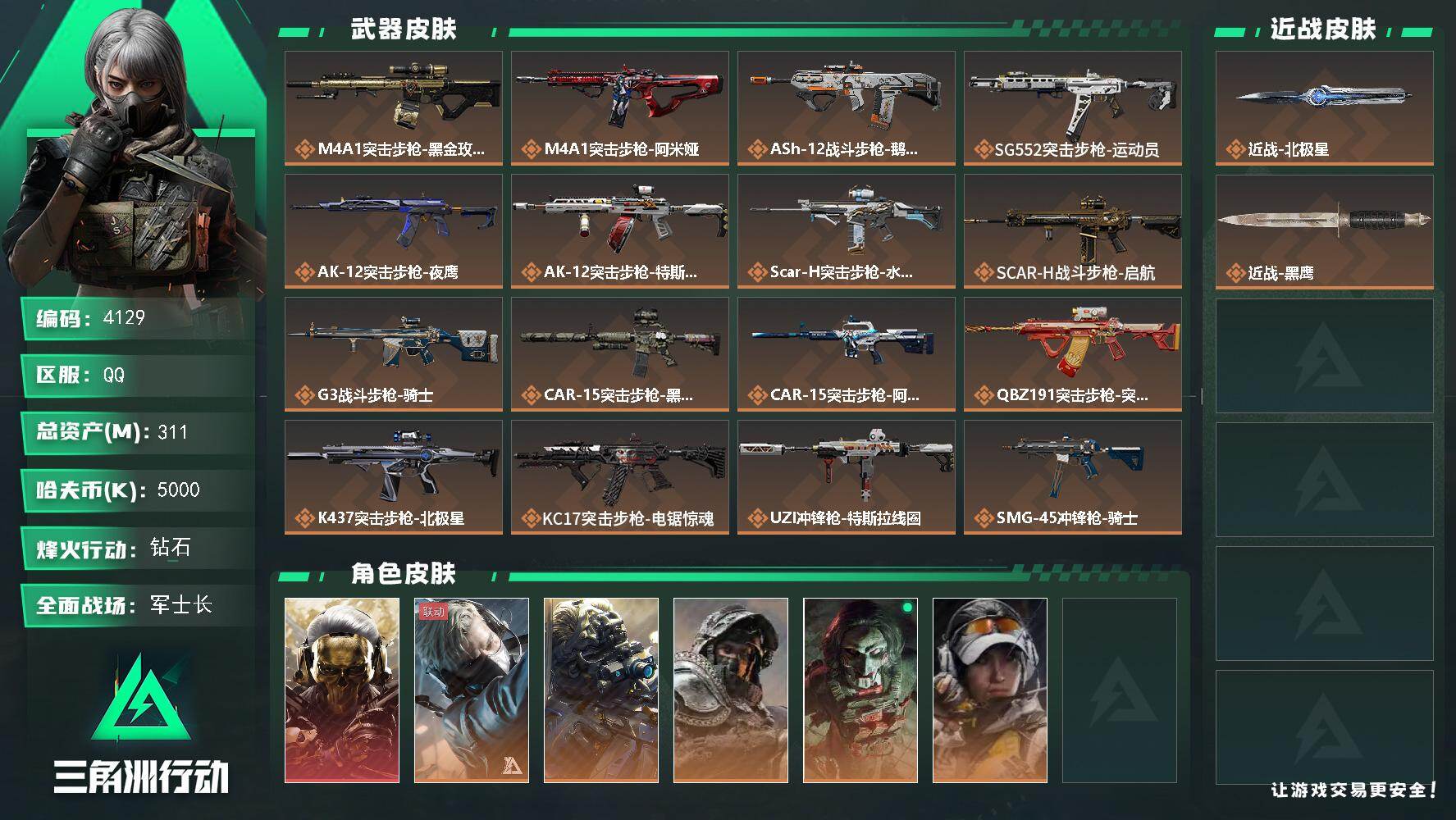 三角洲行动账号QQ总资产(M)：311M/哈夫币(K)：5000K/哈夫币(K)：5000K/传说枪皮数：26/全面战